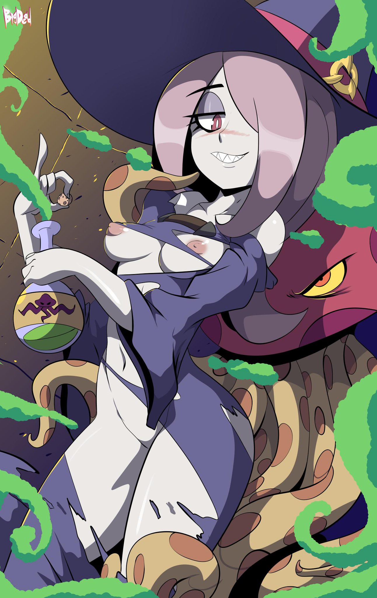 1girls, areolae, bigdeadalive, blush, breasts, dress, female, female only, grin, hair, hair over one eye, half-closed eyes, hat, highres, hips, little witch academia, medium breasts, mushroom, navel, nipples, no bra, no panties, pale skin, pink hair, potion, pussy, red eyes, robe, sharp teeth, smile, solo, stripped by tentacles, sucy manbavaran, teeth, tentacle, thighs, torn clothes, watermark, wide sleeves, witch, witch hat