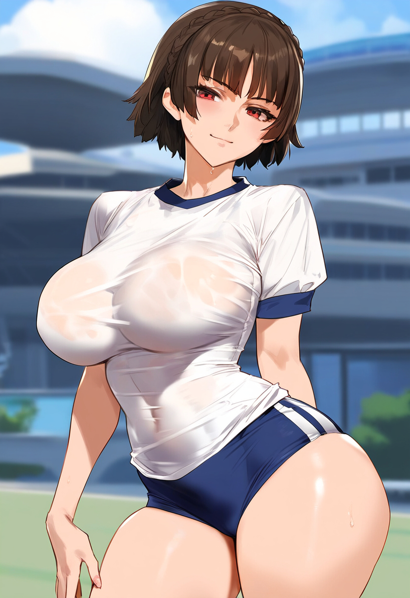 1girls, 2d, ai generated, big breasts, breasts, brown hair, curvy, curvy female, female, female focus, female only, flamingpassion, gym clothes, gym uniform, hourglass figure, large breasts, makoto niijima, persona, persona 5, short hair, small waist, voluptuous, voluptuous female, wide hips