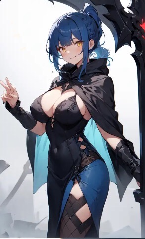 _dress ai_generated bennia_orcus black blush clothed gauntlets gloved high_school_dxd horny horny_female huge_breasts long_bangs plump_breasts ponytail r ribbon ribbon_in_hair short_dress smile