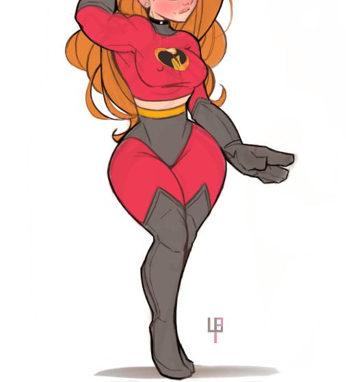 blush clothed cosplay covered_eyes crossover crossover_cosplay curvy elastigirl_(cosplay) ginger girl_only large_ass large_breasts no_sex powerpuff_girls red_eyes red_head sara_bellum shy superhero_costume superheroine the_incredibles tomphelippe unseen_female_face white_background