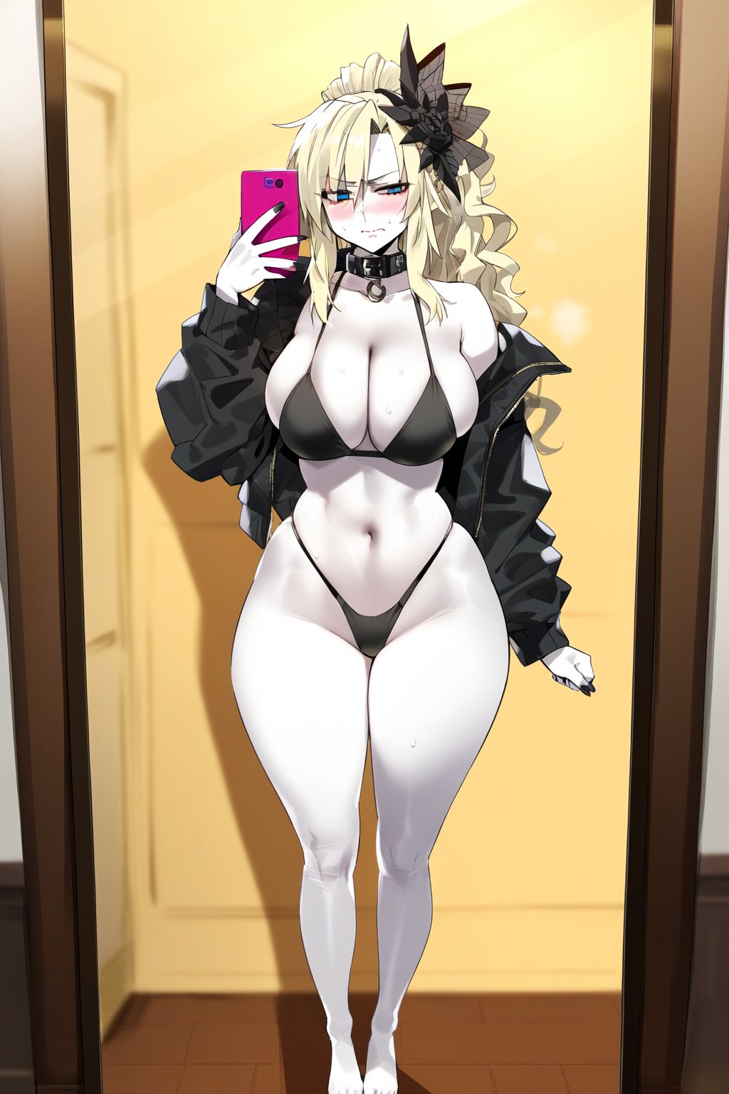 ai_generated bikini bomber_jacket collar fate_(series) kriemhild_(fate) leo_over_heaven mirror_selfie