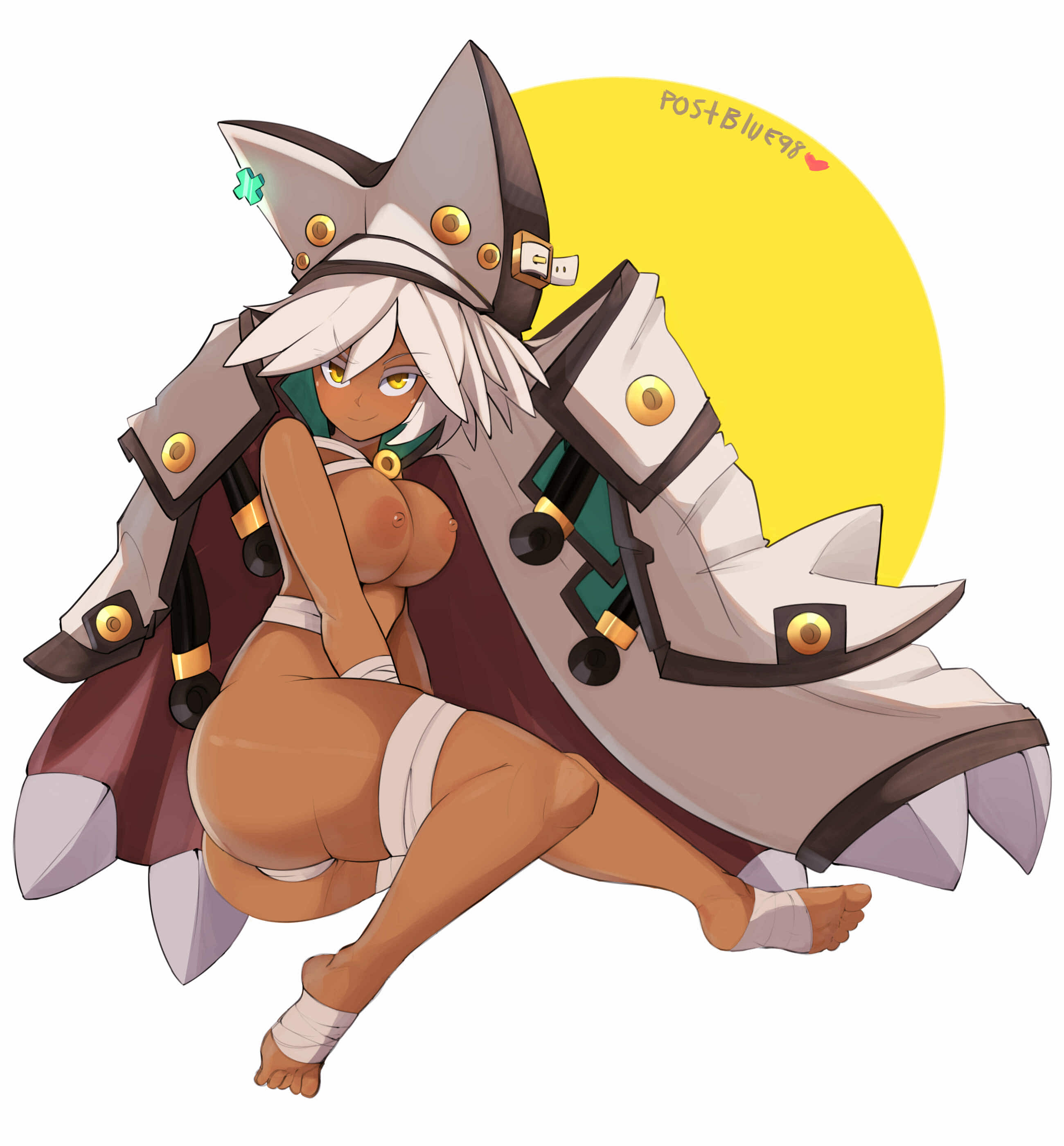 1girls, ass, bandages, breasts, cape, dark skin, dark-skinned female, female, guilty gear, guilty gear xrd, hat, highres, looking at viewer, nipples, postblue98, ramlethal valentine, short hair, skindentation, smile, smug, solo, white hair, yellow eyes