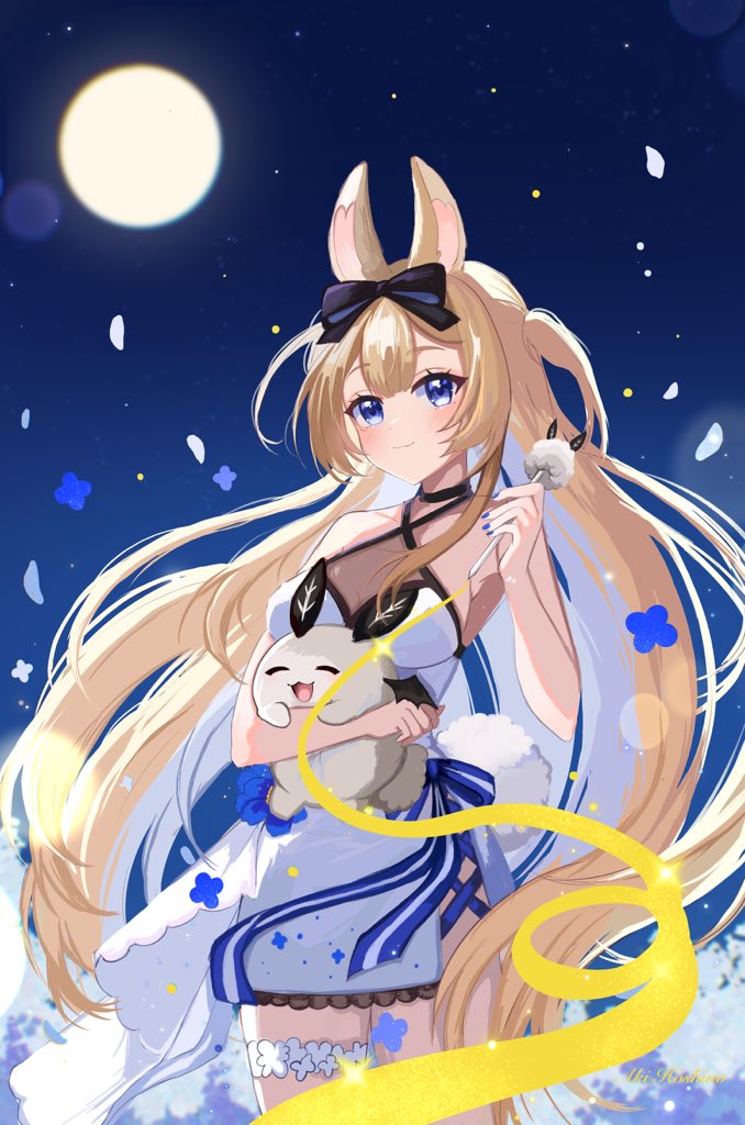 1girl animal animal_ears bangs bare_shoulders black_choker blonde_hair blue_eyes blue_ribbon blush bow breasts bunny_ears bunny_girl choker cleavage closed_mouth dress eyebrows_visible_through_hair female full_moon hair_between_eyes hair_bow hair_ribbon holding long_hair looking_at_viewer medium_breasts moon night night_sky petals ribbon sky sleeveless_dress small_breasts smile solo standing star_(sky) starry_sky thigh_strap very_long_hair virtual_youtuber vyugen white_dress yenko