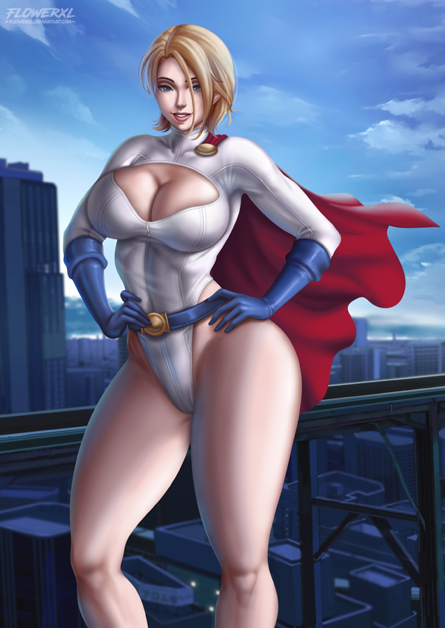 1girls, big boobs, big breasts, blonde hair, blue eyes, blue gloves, blue sky, breasts, city, city background, cleavage, day, daytime, dc, dc comics, female, female only, flowerxl, hands on hip, kara zor-l, karen starr, large breasts, light skin, light-skinned female, looking at viewer, pale skin, pale-skinned female, power girl, red cape, short hair, smile, solo, solo female, solo focus, standing, superman (series), thick thighs, url, watermark, white leotard