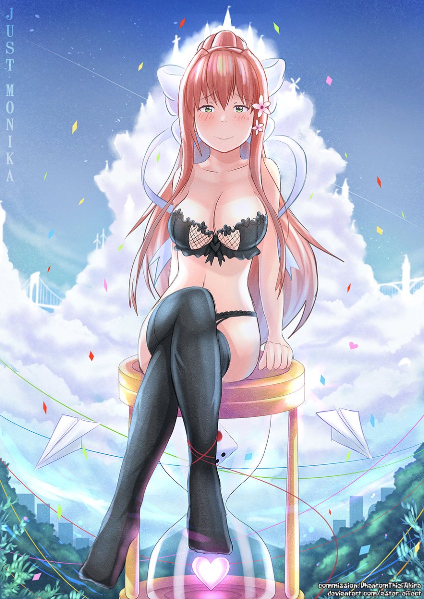 1girls, aster-effect, black bra, black legwear, black panties, black thighhighs, blush, bra, breasts, brown hair, cleavage, clothing, crossed legs, doki doki literature club, female, green eyes, hairbow, lingerie, long hair, matching underwear, monika (doki doki literature club), panties, ponytail, smiling, solo, solo female, thick thighs, thighhighs, white hair bow, white hair ornament
