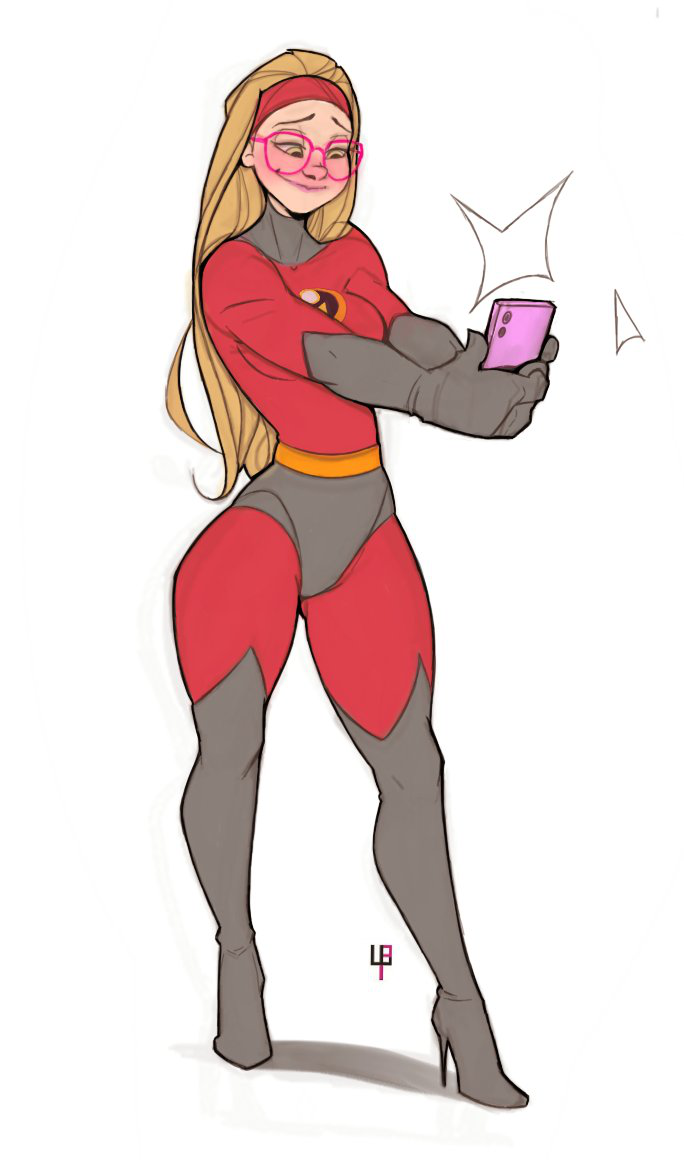 1girls big_hero_6 blonde_hair blush cosplay crossover crossover_cosplay curvy elastigirl_(cosplay) female female_only glasses headband honey_lemon human human_only light-skinned_female light_skin marvel phone red_headband superhero_costume superheroine the_incredibles tomphelippe white_background yellow_eyes