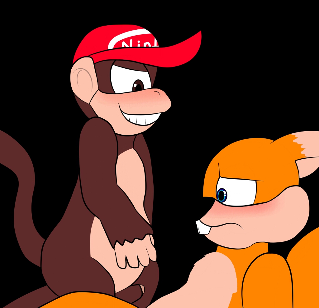 2boys blush clothing conker conker's_bad_fur_day conker_the_squirrel crossover diddy_kong donkey_kong_(series) duo erection fairygardens gay grin hat headgear headwear looking_down male male_only mammal monkey naughty_face nintendo penis primate rareware red_squirrel_(disambiguation) rodent sciurid smile video_games yaoi