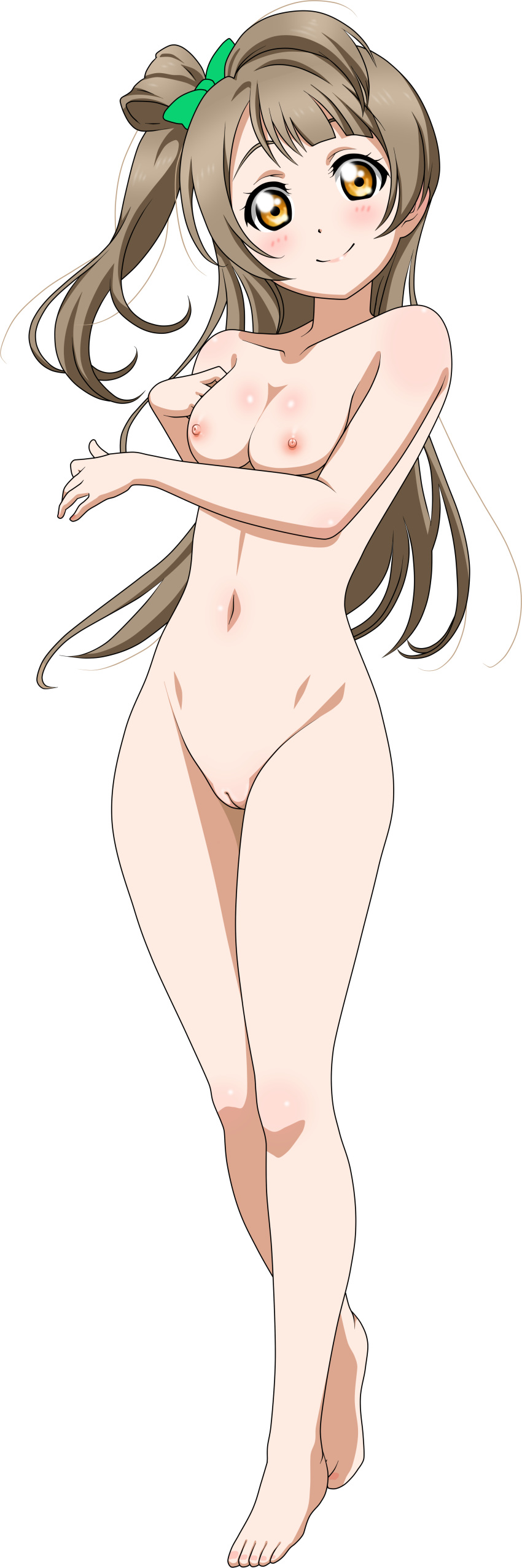 absurdres areolae blush breasts brown_hair cleft_of_venus female full_body highres innie_pussy legs_together light_brown_hair long_hair looking_at_viewer love_live! love_live!_school_idol_project medium_breasts minami_kotori nipples nude nude_filter orange_eyes pussy resized smile solo standing third-party_edit uncensored