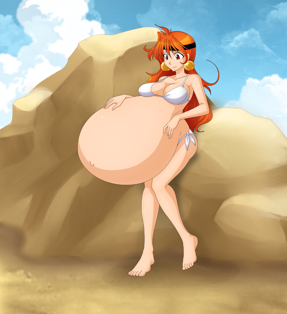 1girls beach belly big_belly big_breasts bikini breasts cleavage disproportional earrings female headband huge_belly hyper_belly hyper_pregnancy lina_inverse orange_hair outie_navel pregnant saburox slayers solo