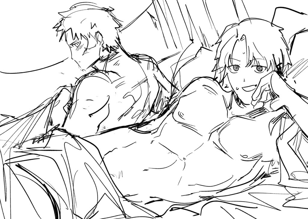 2boys bed bed_sheet chihiro_rokuhira completely_nude_male hakuri_sazanami implied_after_sex kagurabachi katsutentacle male_only nonsexual_nudity sketch yaoi