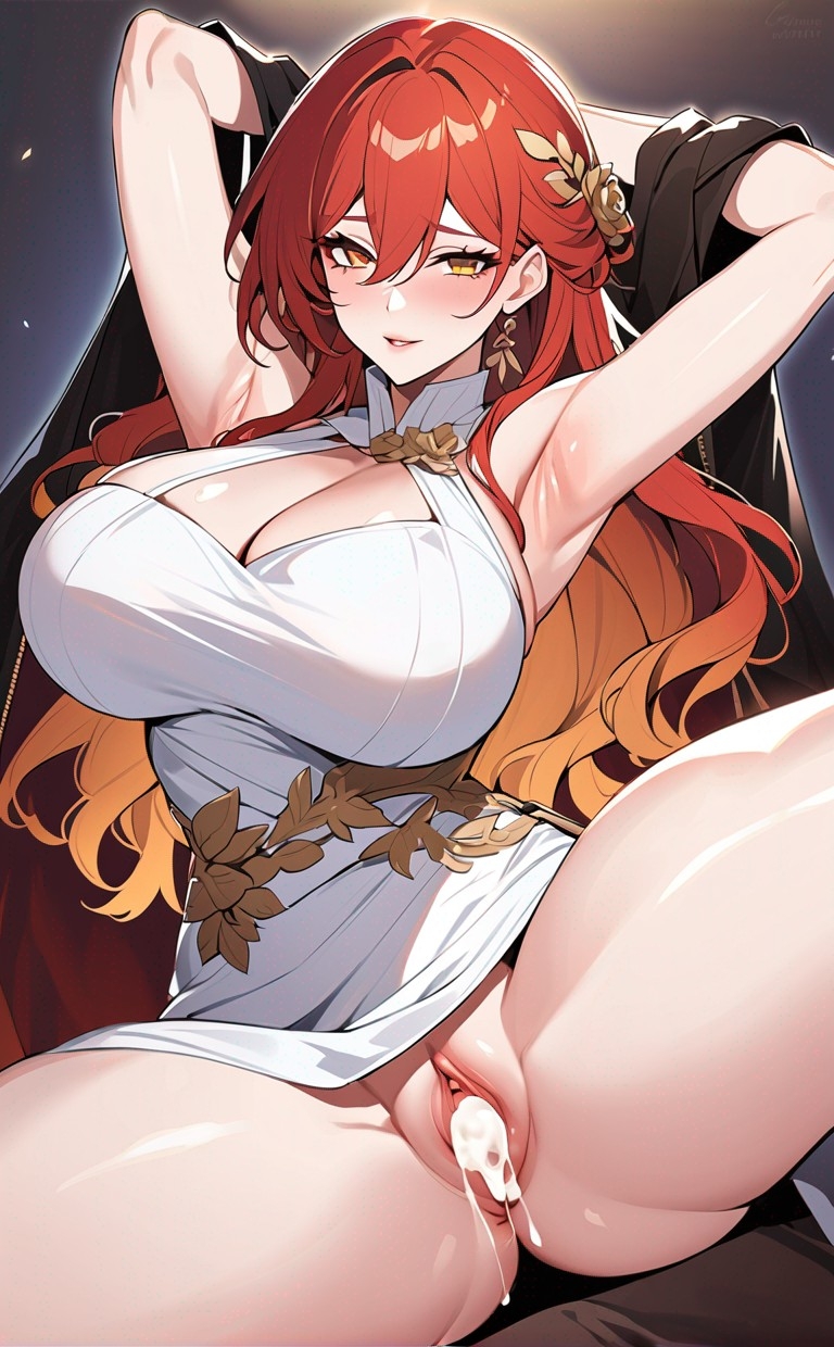 adult, adult female, after sex, after vaginal, ai generated, armpits, arms behind head, arms up, bare legs, bare shoulders, big breasts, blush, breasts, commentary request, cum, cum drip, cum dripping, cum dripping out of pussy, cum in pussy, cum inside, earrings, female, gold eyes, hair, hair between eyes, hair ornament, himeko (honkai: star rail), honkai (series), honkai: star rail, huge breasts, lia the busty redhead, looking at viewer, massive breasts, mature, mature female, no panties, pussy, red hair, seductive, seductive pose, seductive smile, self upload, sitting, smile, smiling, smiling at viewer, spread legs, spread pussy, tagme, thick thighs, thighs, vagina, white dress
