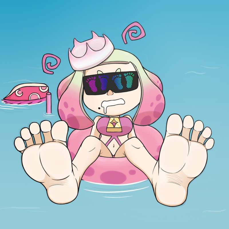 bare_legs bare_shoulders bikini crown drool drooling feet female female_only floatie foot_fetish foot_focus hypno_shades_(splatoon) hypnosis hypnotic_accessory inkling inkling_girl mind_control pearl_(splatoon) pentaguy pink_bikini soles splatoon splatoon_2 toes water zipper