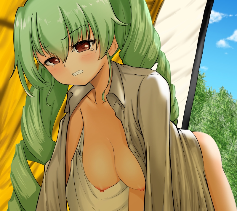 all_fours anchovy blush bottomless breasts clenched_teeth drill_hair female girls_und_panzer green_hair hanging_breasts long_hair medium_breasts naked_shirt nipples no_bra no_panties open_clothes red_eyes samurairx shirt solo tears teeth twintails