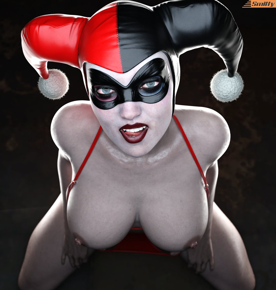 1girls, 3d, 3d (artwork), batman (series), big breasts, breasts, breasts out, busty, clussy, dc, dc comics, female, female only, harley quinn, harley quinn (classic), high-angle view, huge breasts, large breasts, licking own lips, light skin, light-skinned female, looking at viewer, nipples, pale skin, pale-skinned female, smitty34, solo, thick thighs
