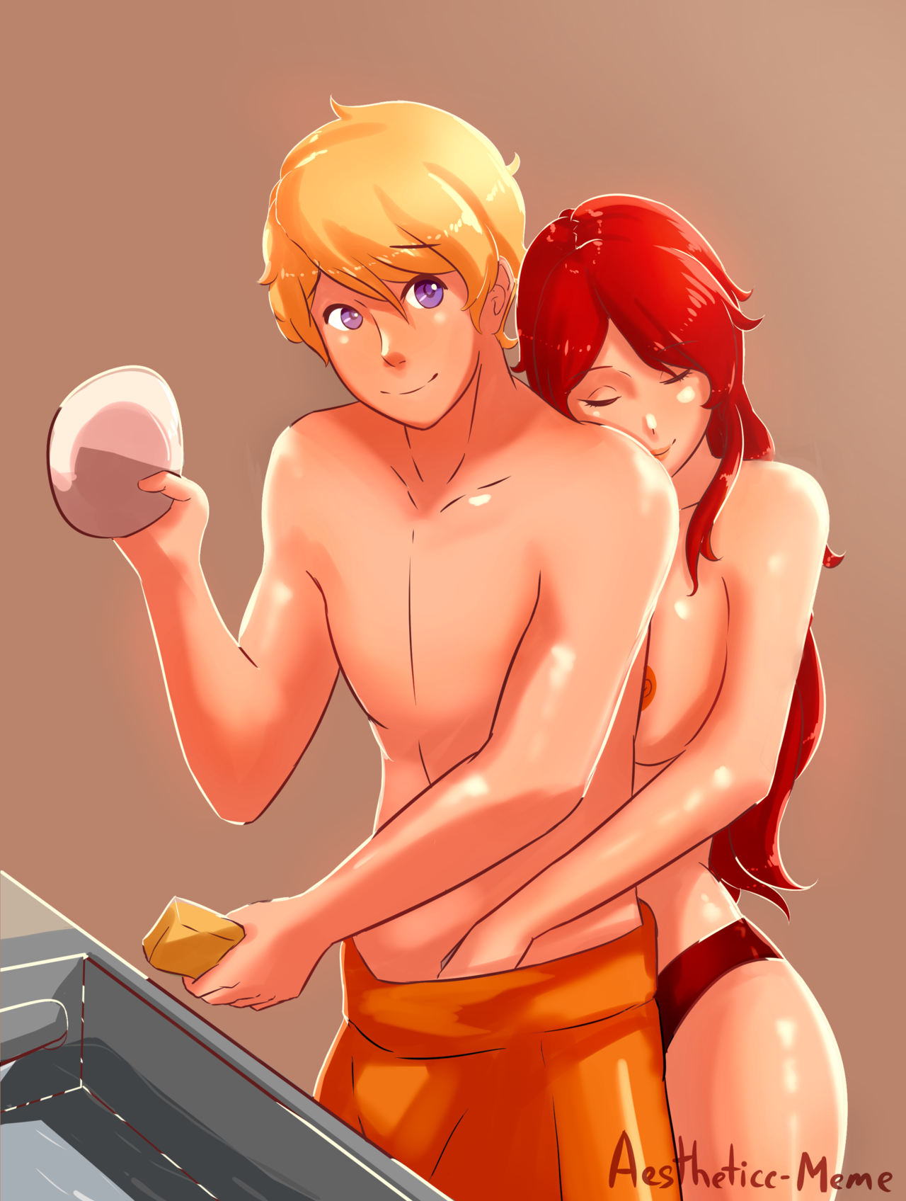 1boy, 1girls, aestheticc-meme, blonde hair, blue eyes, caress, female, green eyes, jaune arc, male, pyrrha nikos, reach around, red hair, rwby, straight