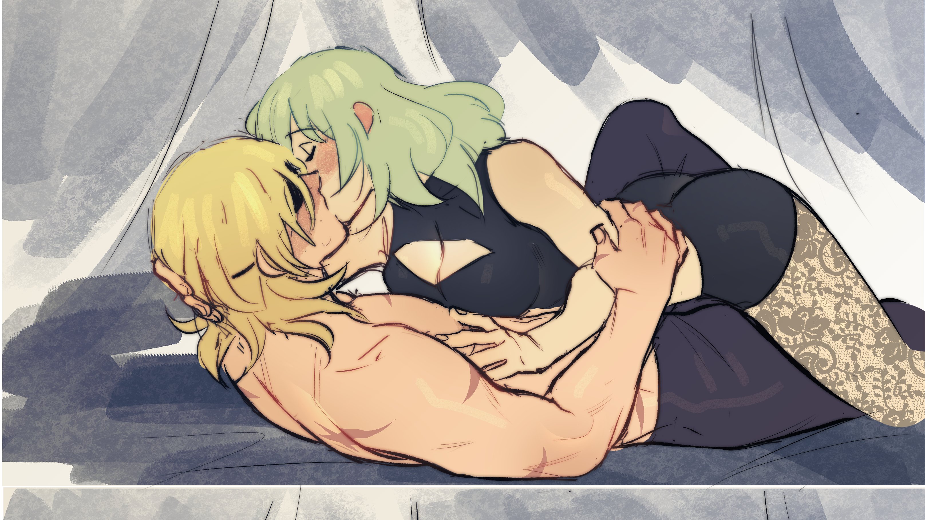 1boy, 1girls, ass, bare arms, big ass, blonde hair, blush, breasts, byleth (fire emblem), byleth (fire emblem) (female), cleavage, cleavage cutout, closed eyes, dimitri alexandre blaiddyd, eye patch, female, fire emblem, fire emblem: three houses, green hair, kissing, kukumomo, leggings, legwear, male, medium breasts, medium hair, muscular, muscular male, nintendo, pantyhose, scar, shorts, sleeveless, yellow hair