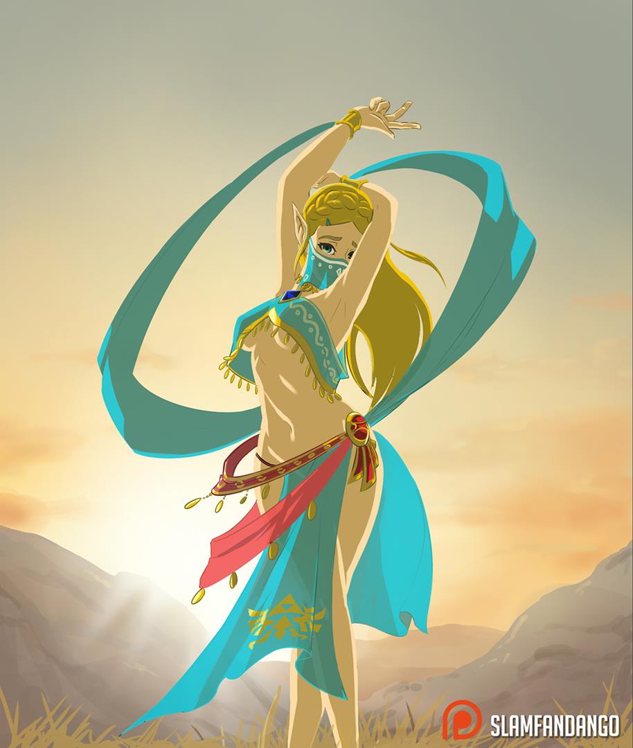 arabian_clothes belly_dancer belly_dancer_outfit blonde_hair blue_eyes breath_of_the_wild female female_only gerudo_outfit gerudo_outfit_zelda harem_outfit human long_hair navel nintendo princess_zelda see-through_clothing slamfandango small_breasts softcore solo standing the_legend_of_zelda underboob veil zelda_(breath_of_the_wild)