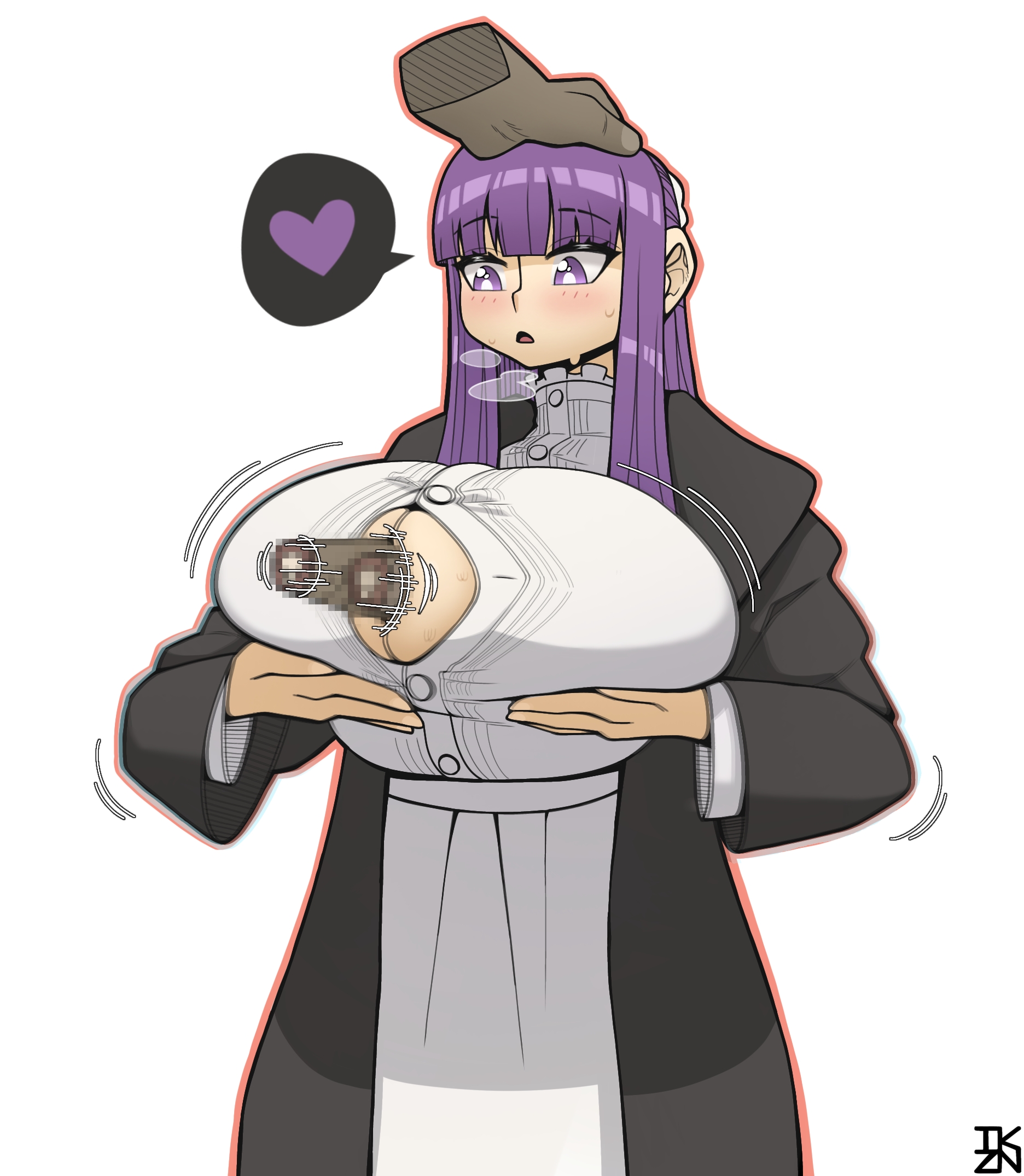 1boy, 1girls, big breasts, blush, breasts, button gap, buttons, censored, clothed female nude male, clothed sex, dark skin, dark-skinned male, disembodied hand, disembodied penis, female, fern (sousou no frieren), frills, grabbing, grabbing own breast, hand on another's head, heavy breathing, huge breasts, interracial, long hair, looking at viewer, male, mosaic censoring, open mouth, paizuri, paizuri under clothes, penis, perpendicular paizuri, purple eyes, purple hair, simple background, sousou no frieren, spoken heart, takyzen, white background