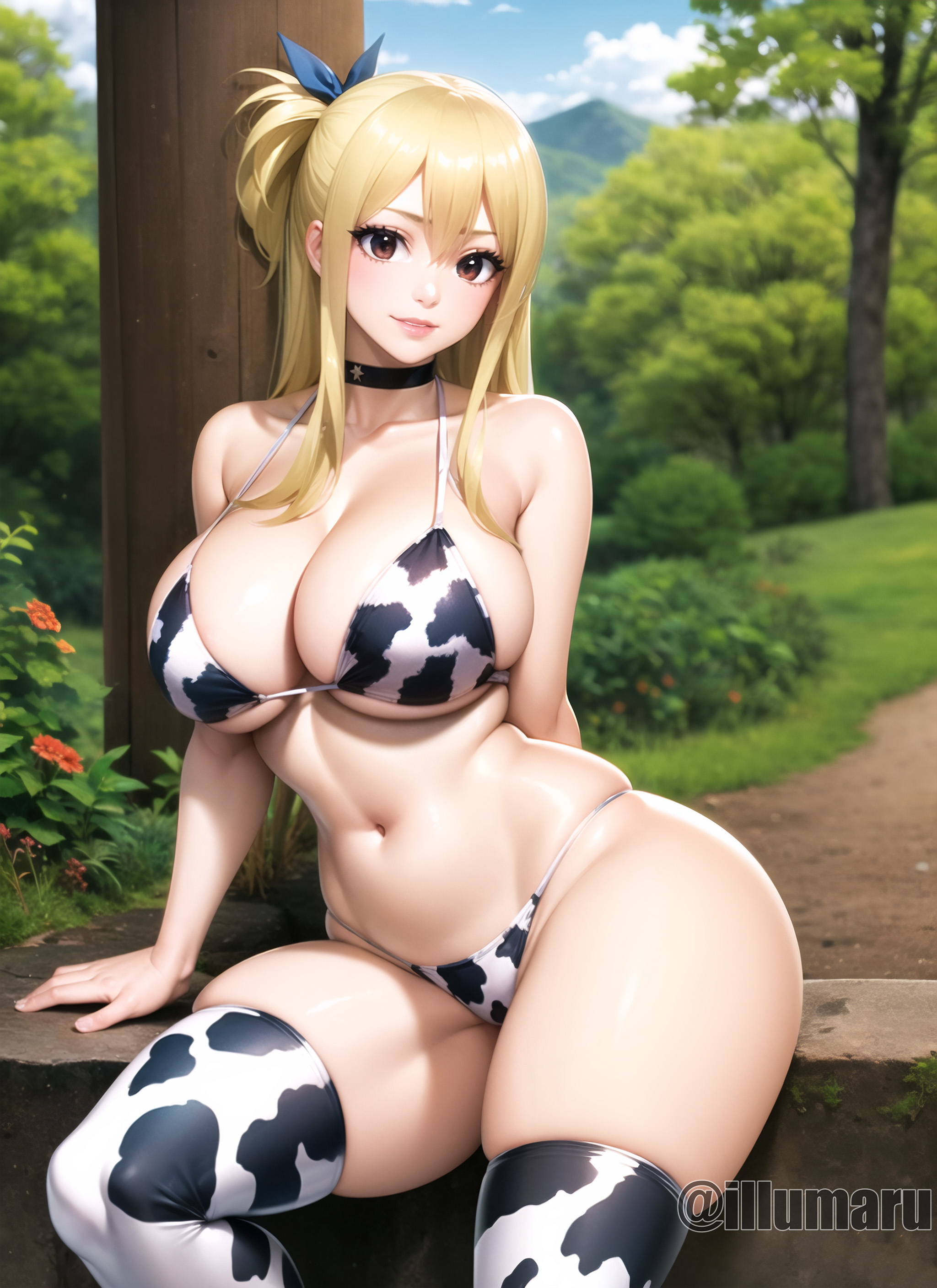 1girls, 2024, ai generated, armwear, big breasts, bikini, bikini bottom, bikini top, blonde hair, breasts, brown eyes, cleavage, cow print, cow print armwear, cow print bikini, cow print legwear, cow print thighhighs, cowbell, detailed, double bun, eyeshadow, fairy tail, female, female only, hair, hi res, hips, huge breasts, illumaru, lips, lipstick, lucy heartfilia, patreon username, pink lips, pink lipstick, solo, solo female, stable diffusion, swimwear, thick lips, thick thighs, thighhighs, thighs, wide hips