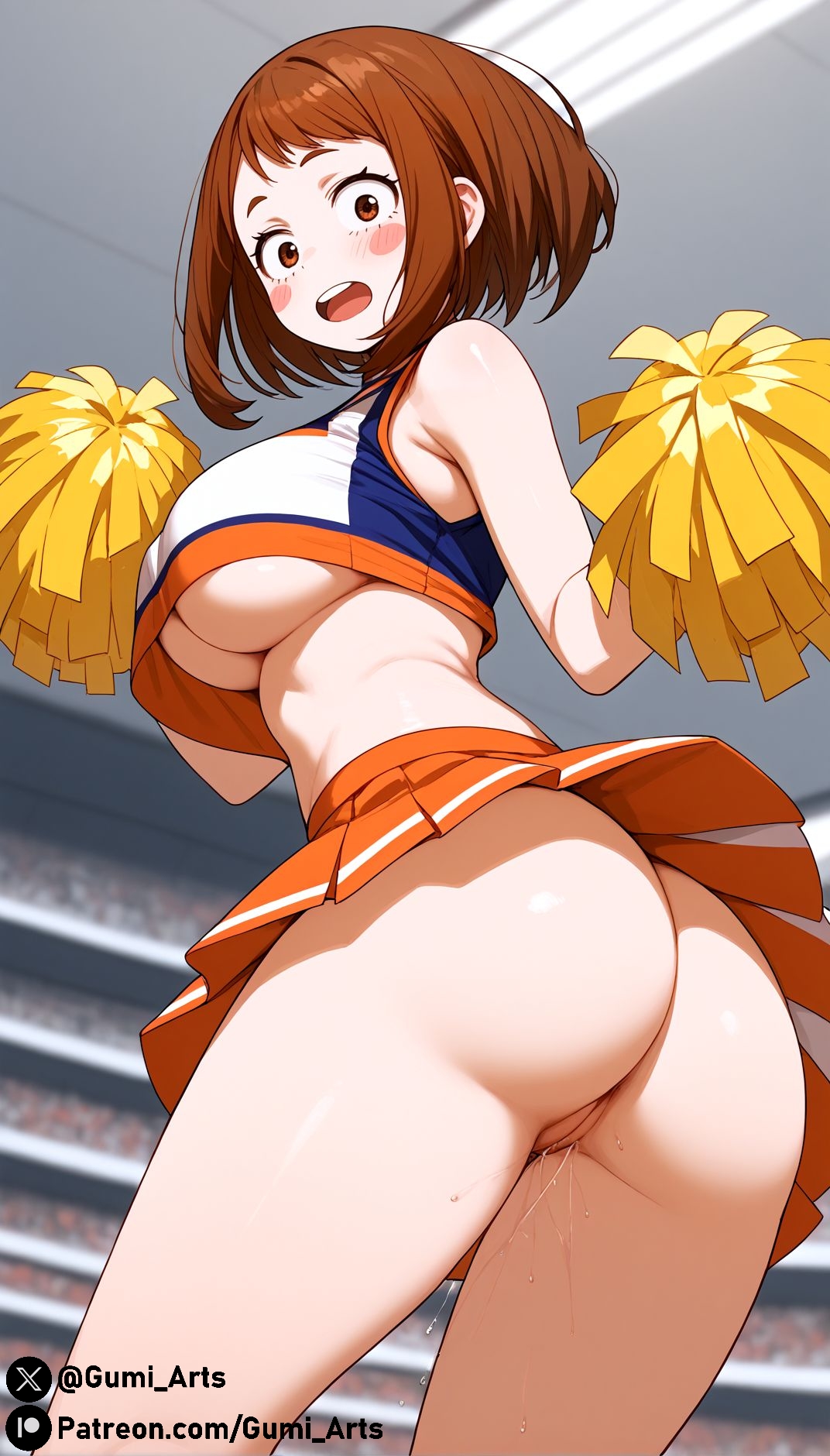 ai generated, ass, blush stickers, boku no hero academia, breasts, cheerleader, cheerleader outfit, female, gumi arts, large breasts, looking at viewer, looking back, my hero academia, no panties, ochako uraraka, open mouth, pom pom (cheerleading), pussy, pussy juice, stable diffusion, surprised, thick thighs, underboob