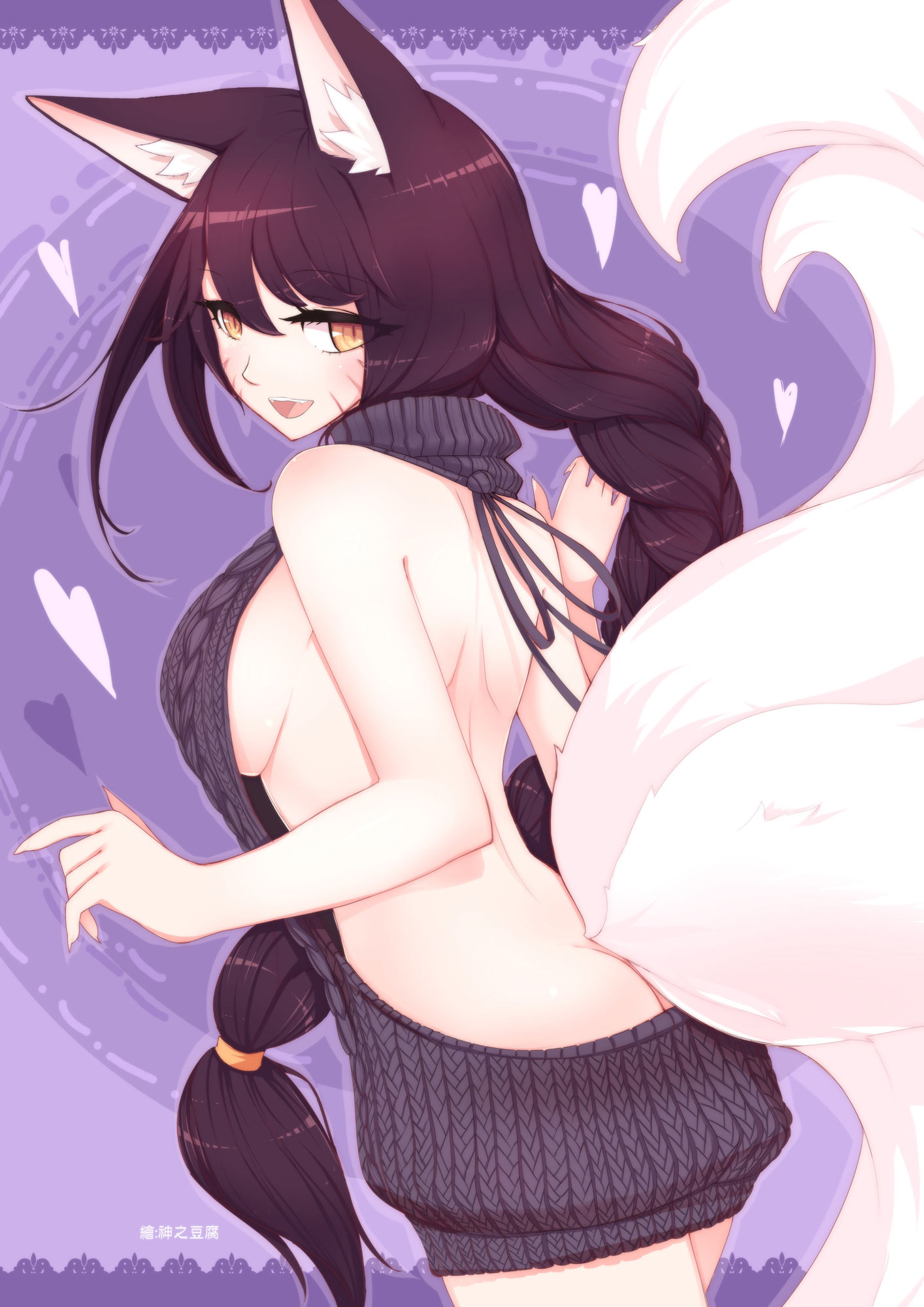 ahri, beancurd, female, fox ears, inner ear fluff, league of legends, multi tail, smile, solo, tail, virgin killer sweater