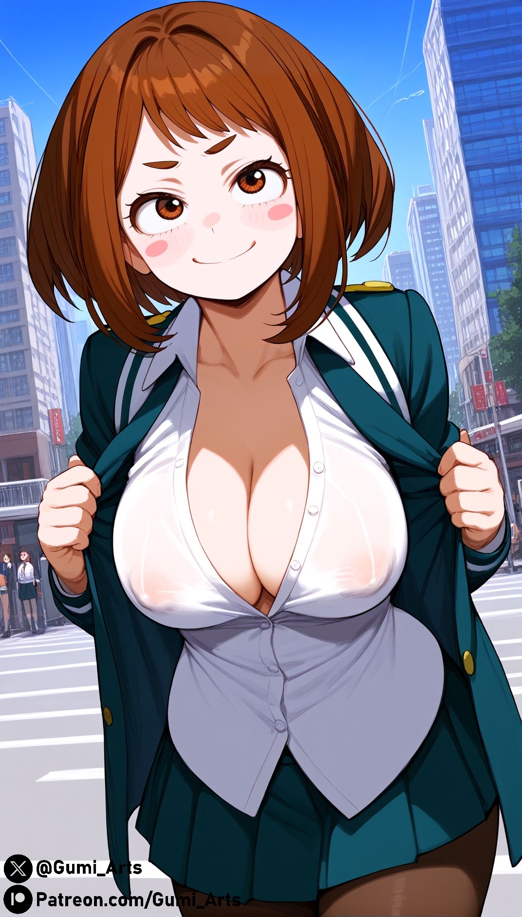 ai generated, blush stickers, boku no hero academia, breasts, city, cleavage, covered nipples, female, gumi arts, large breasts, my hero academia, naughty face, ochako uraraka, open jacket, open shirt, outdoors, pantyhose, school uniform, smirk, stable diffusion, thick thighs
