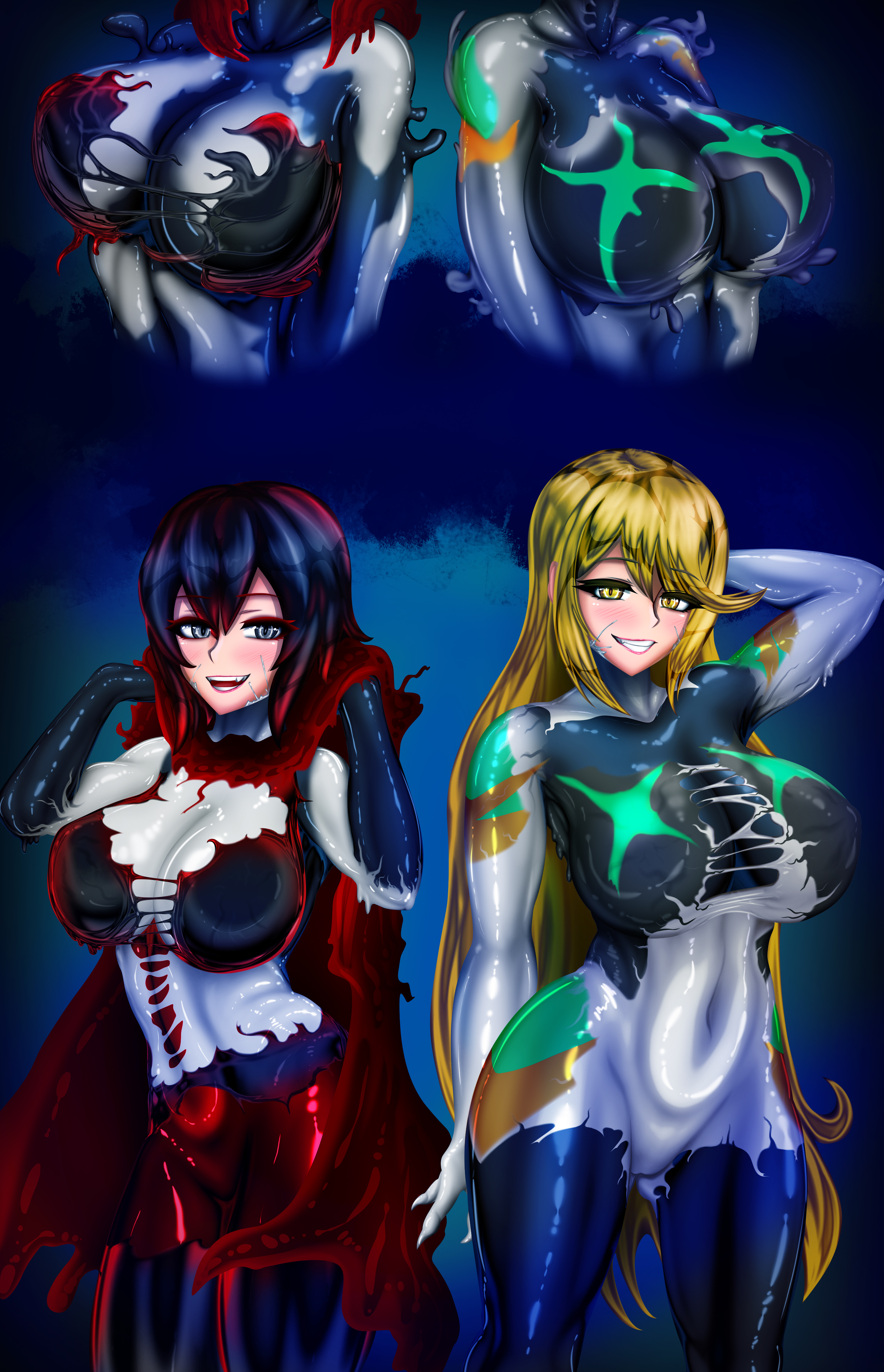 2girls, big breasts, blonde hair, breasts, corruption, crossover, female, living clothes, marvel, marvel comics, mind control, mythra (xenoblade), pregnant, rikatsuky, ruby rose, rwby, sharp teeth, she-venom, silver eyes, symbiote, tentacle, tentacle on female, xenoblade (series), xenoblade chronicles 2, yellow eyes