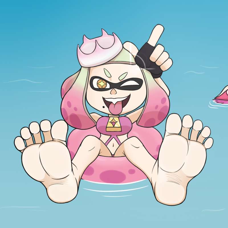 bikini feet female female_only finger_gun floatie foot_fetish foot_focus inkling inkling_girl pearl_(splatoon) pentaguy pink_bikini sharp_teeth soles splatoon splatoon_2 toes tongue_out water wink winking_at_viewer yellow_eyes zipper