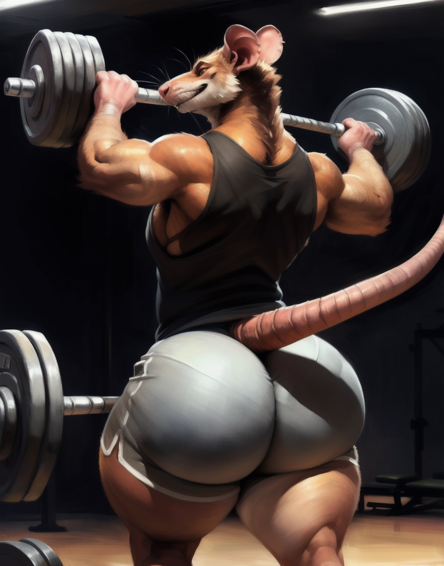 1boy ai_generated anthro big_ass big_butt furry gray_shorts gym gym_rat_(jackvinsanity) gym_shorts huge_ass huge_butt jackvinsanity male male_only muscular muscular_male rat solo solo_male