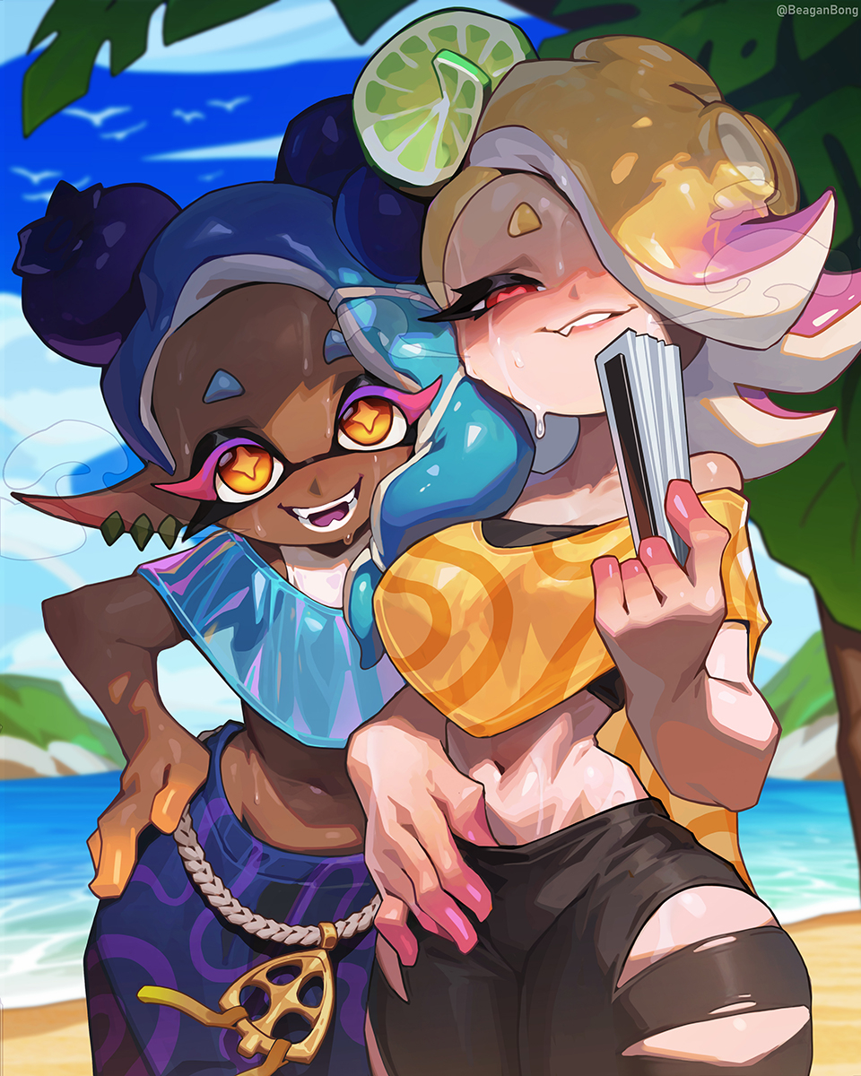 2girls alternate_hair_color baggy_pants bare_shoulders beach biting_lip black_bra blue_hair blueberry_(not_the_fetish) chocolate_and_vanilla dark-skinned_female deep_cut_(splatoon) detailed_background ear_piercing earrings fangs female_only frye_(splatoon) frye_(summer_nights) hand_fan hand_in_pants hand_on_hip hand_under_clothes inkling inkling_girl lemon light-skinned_female lime looking_at_viewer multicolored_hair multiple_girls navel ocean octoling octoling_girl official_alternate_costume official_alternate_hair_color palm_tree pink_hair reagan_long red_eyes ripped_pants seductive shiver_(splatoon) shiver_(summer_nights) short_hair smiling solo_female splatfest splatoon splatoon_3 strapless_bra summer summer_nights_splatfest sweat sweating tentacle_hair torn_clothes torn_pants tree tube_top tubetop wet_body white_bra yellow_hair