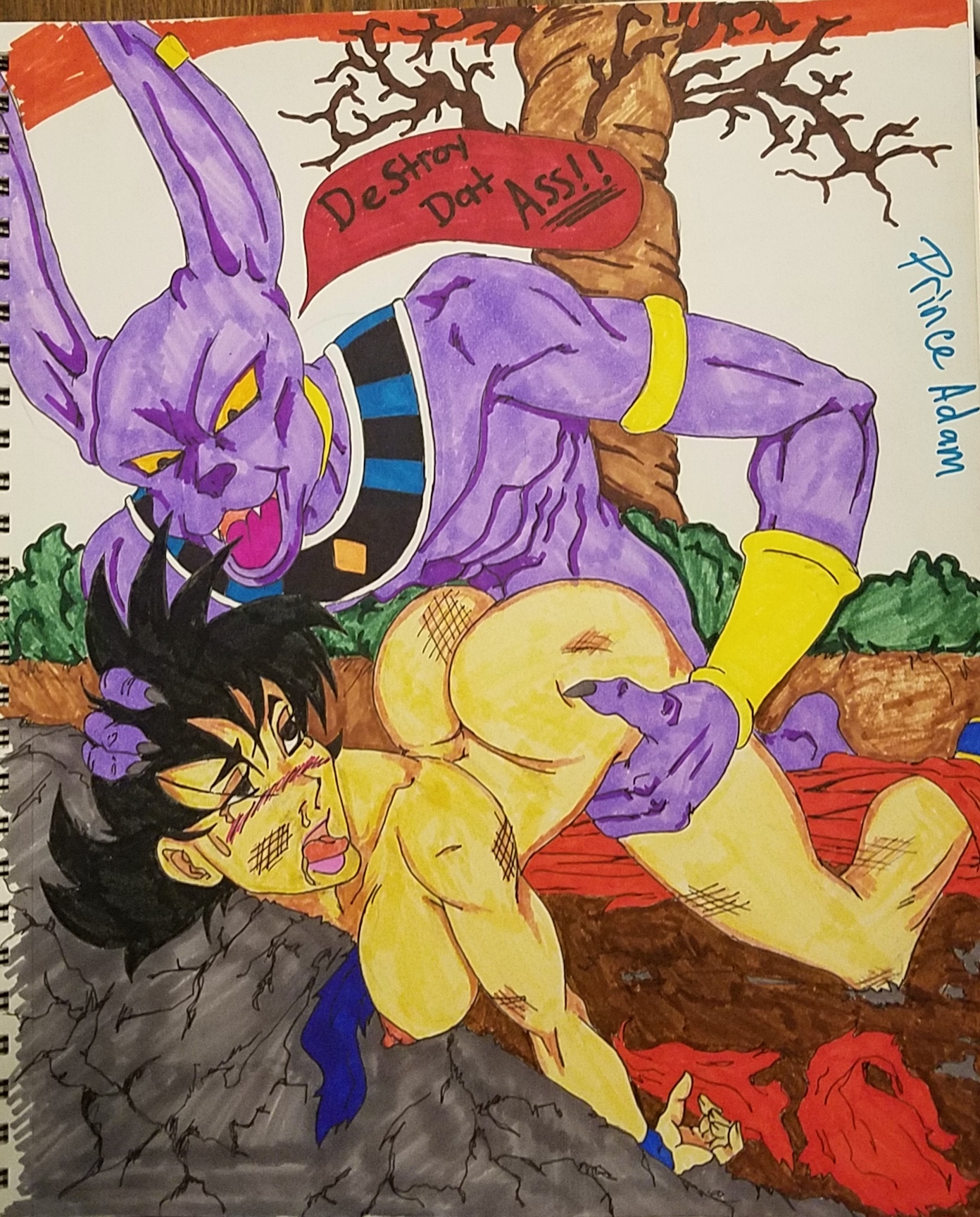 1boy, 1girls, ahe gao, alien, anal, anal sex, anthro, anthro on human, artist name, ass, beaten, beerus, bent over, big ass, big breasts, big butt, black eyes, black hair, bottomless, breasts, bubble ass, bubble butt, cat ears, cat humanoid, color, colored, dark hair, defeated, defeated heroine, dialogue, doggy style, dragon ball, dragon ball super, english, english text, erect nipples, female, female goku, femsub, forced, from behind, fucked into submission, god of destruction, hetero, heterosexual, hourglass figure, interspecies, light skin, light-skinned female, looking back, male, male domination, male/female, nipples, nude, nudity, princeadam, purple body, purple skin, rape, rule 63, saiyan, sex, signature, simple background, son goku, speech bubble, spiky hair, straight, text, tongue, tongue out, topless, traditional media (artwork), uncensored, yellow eyes