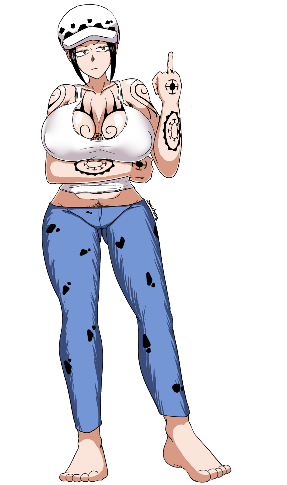 1girls arm_tattoo big_breasts black_hair breast_tattoo breasts dhwachang female female_only genderswap_(mtf) hand_tattoo hat heart_tattoo huge_breasts jeans middle_finger one_piece pubic_hair pubic_hair_peek rule_63 short_hair shoulder_tattoo tank_top tattoo trafalgar_law trafalgar_law_(female)