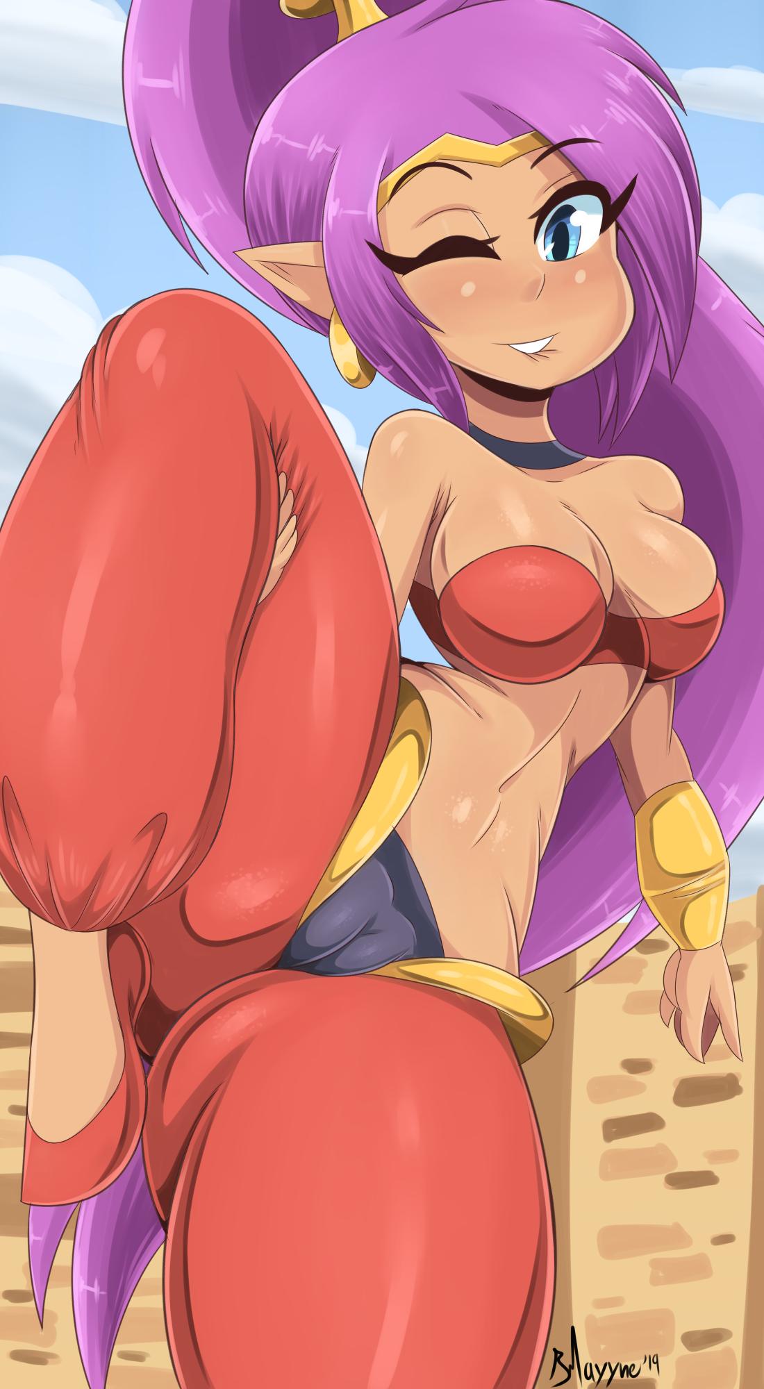 1girls, biting lip, blue eyes, bmayneart, breasts, cameltoe, clothing, female, female only, hair, one eye closed, pants, purple hair, pussy, shantae, shantae (character), smooth skin, solo, video games