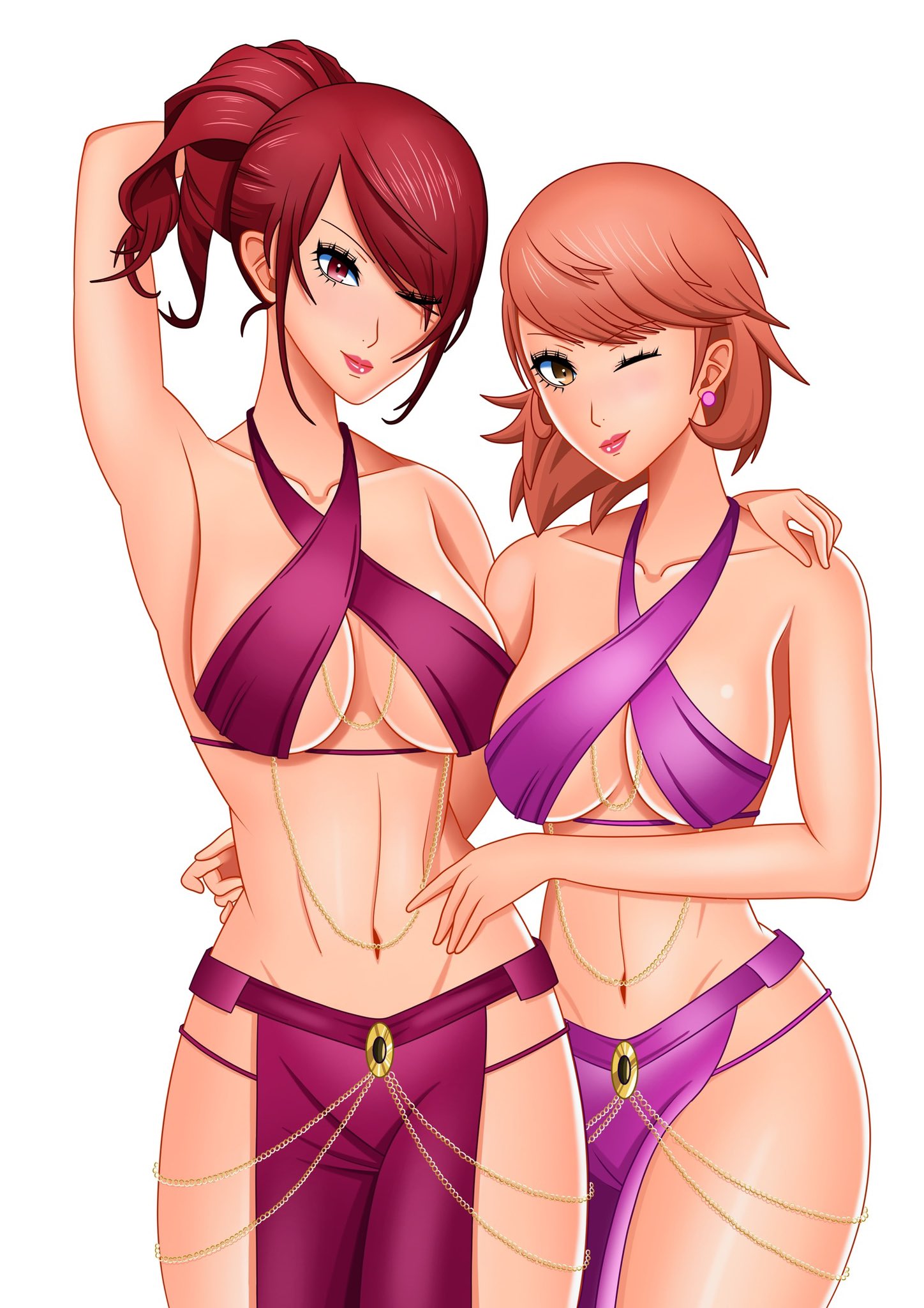 2girls, alternate costume, alternate hairstyle, atlus, big breasts, breasts, brown eyes, brown hair, female, female only, harem outfit, hourglass figure, large breasts, megami tensei, mitsuru kirijo, multiple females, multiple girls, persona, persona 3, red eyes, red hair, rrl0215, short hair, thick thighs, white skin, yukari takeba