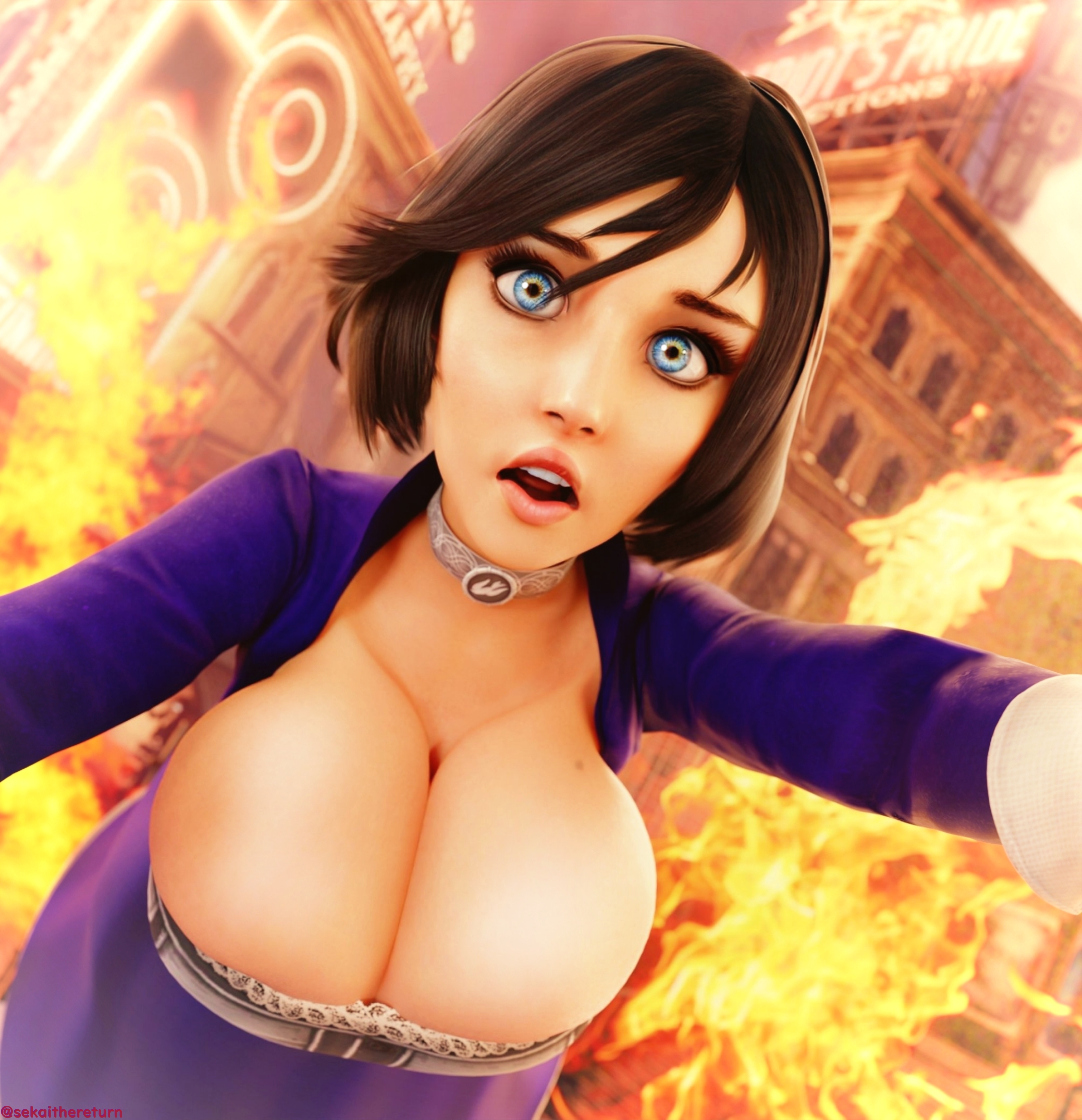 3d, big breasts, bioshock, bioshock infinite, blue eyes, breasts, busty, cleavage, corset, elizabeth comstock, female, female focus, female only, large breasts, makeup, sekaithereturn, short hair, tagme