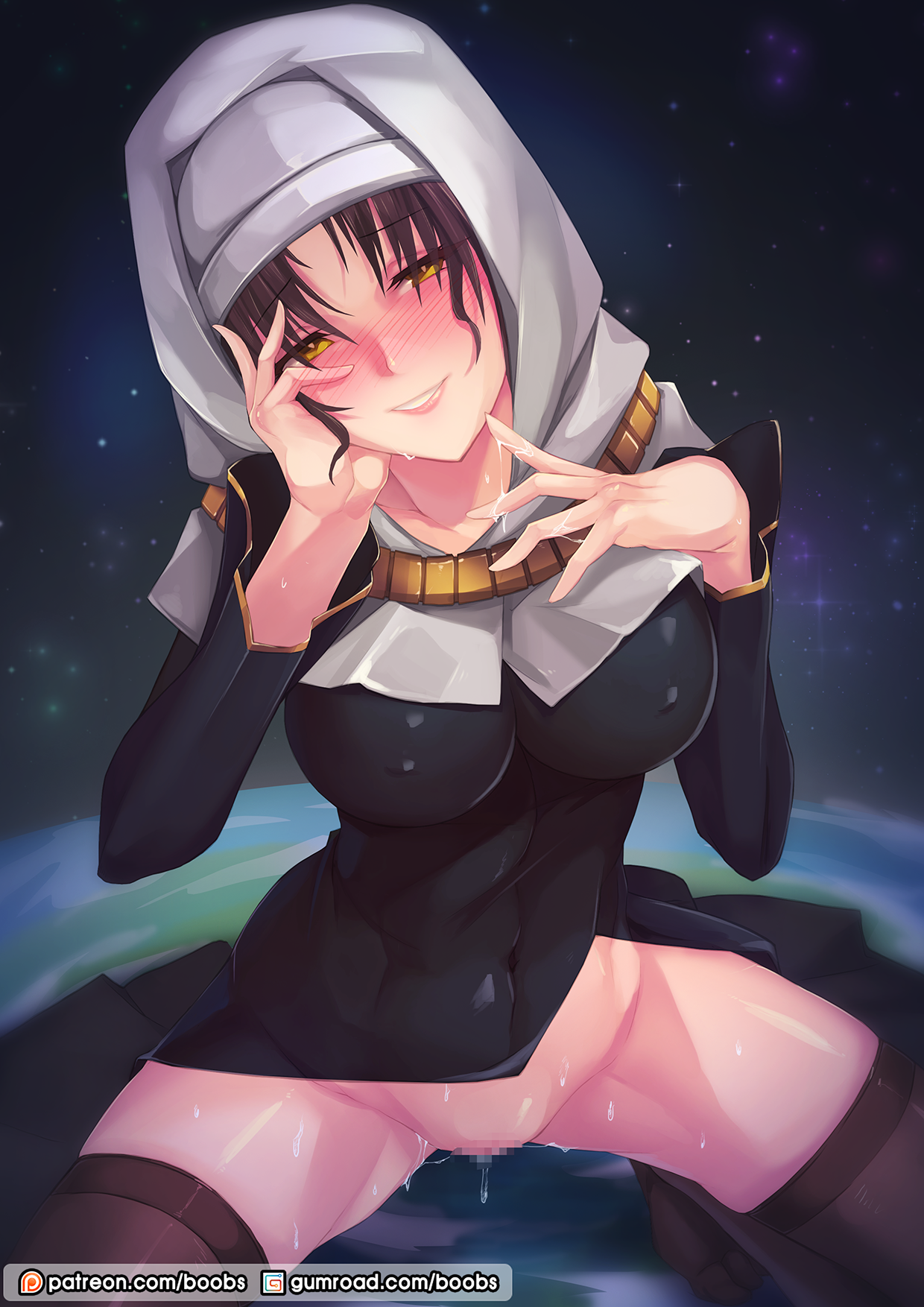 blush, breasts, brown hair, censored, fate (series), fate/extra, fate/extra ccc, fate/grand order, female, hand on own face, highres, horns, large breasts, long hair, mosaic censoring, navel, nipples, patreon username, pink legwear, rebe11, sesshouin kiara, solo, squatting, sweat, yellow eyes