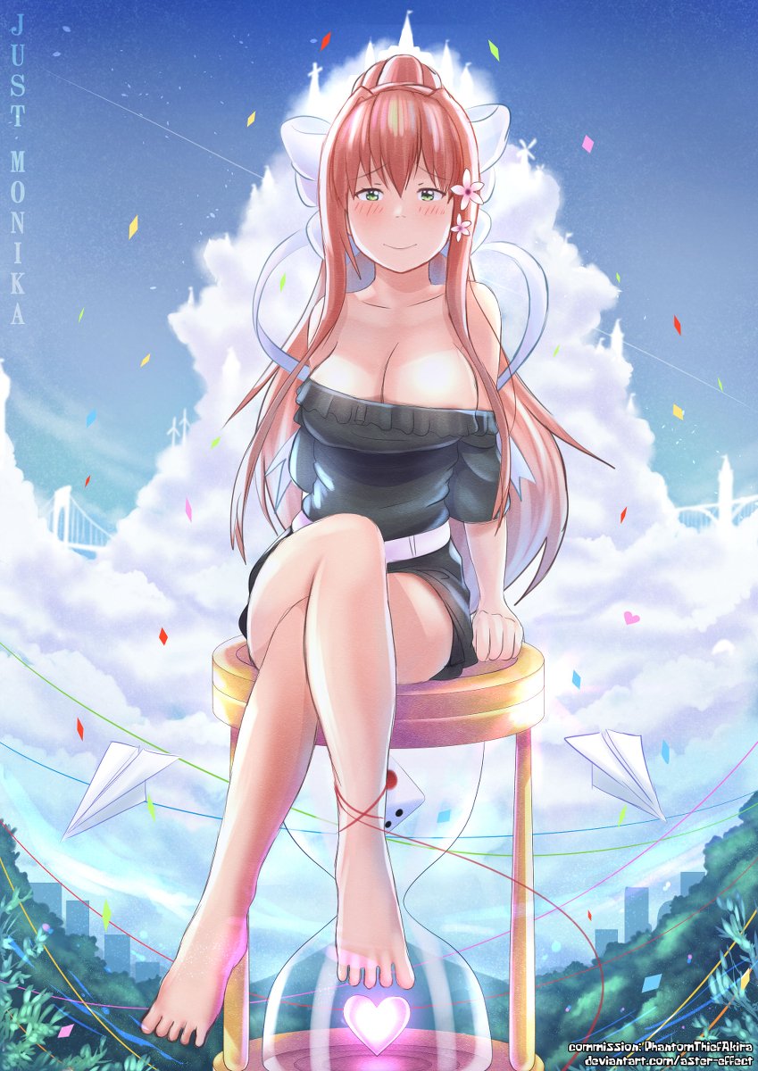 1girls, aster-effect, big breasts, black dress, breasts, brown hair, cleavage, crossed legs, doki doki literature club, dress, female, green eyes, long hair, looking at viewer, monika (doki doki literature club), ponytail, pov, pov eye contact, smiling, solo, solo female, thick thighs, wholesome