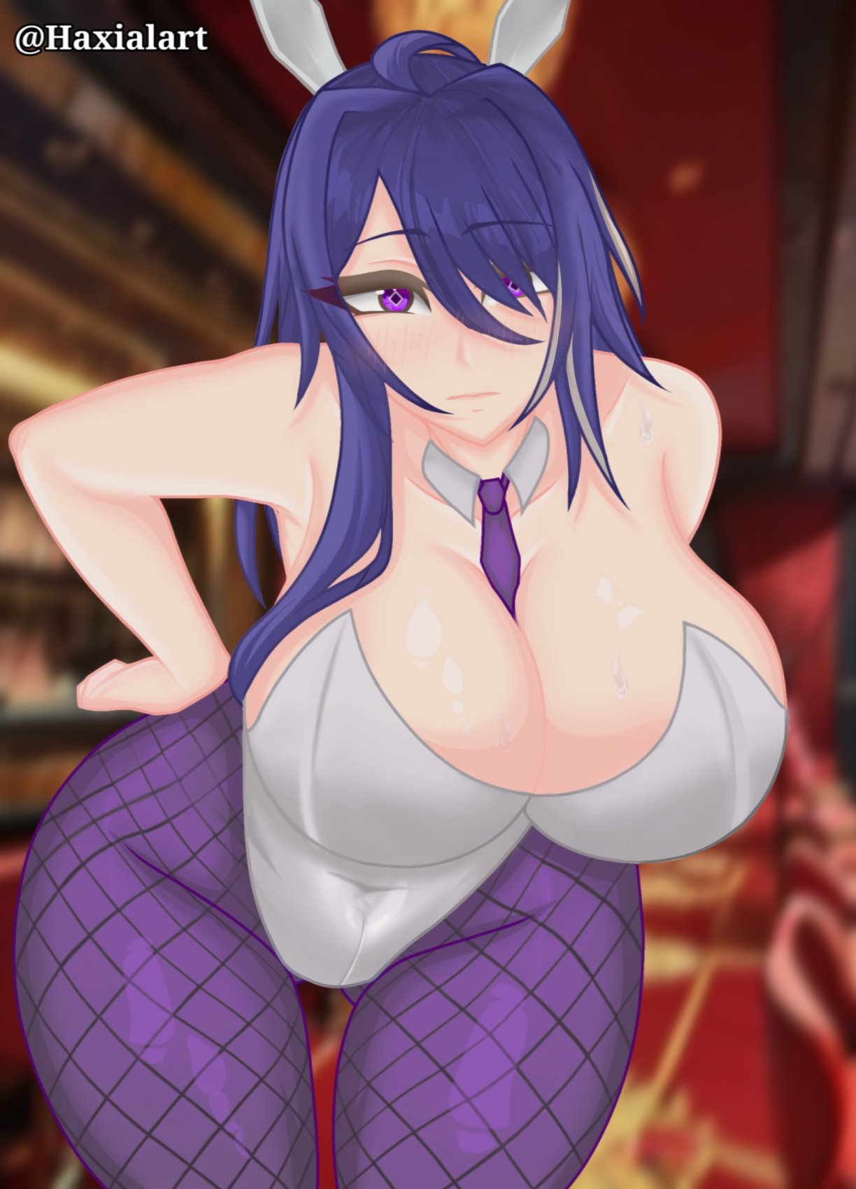 1girls acheron_(honkai:_star_rail) bare_arms bare_shoulders big_breasts breasts bunny_costume bunny_ears bunnysuit eyes fringe hair hands_on_hips haxial honkai:_star_rail honkai_(series) leaning leaning_forward long_hair looking_at_viewer lounge no_text_version oblivious purple_eyes purple_hair solo solo_female solo_focus talking talking_to_viewer text thick_thighs thighs tie tights white_skin