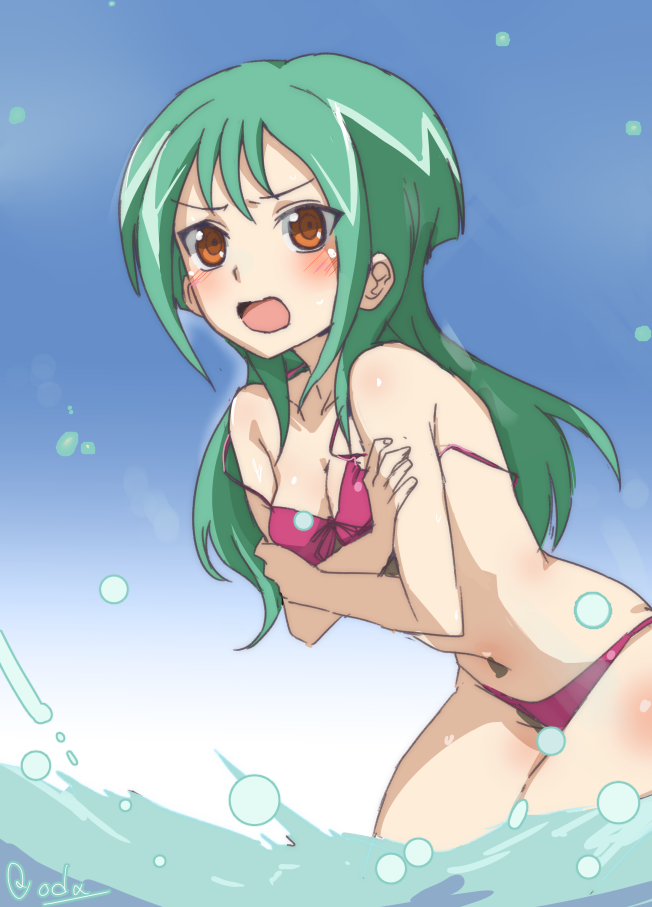 1girls anjou_tokoha beach blush breasts cardfight!!_vanguard cardfight!!_vanguard_g green_hair in_water oda_koziki small_breasts solo solo_female swimsuit