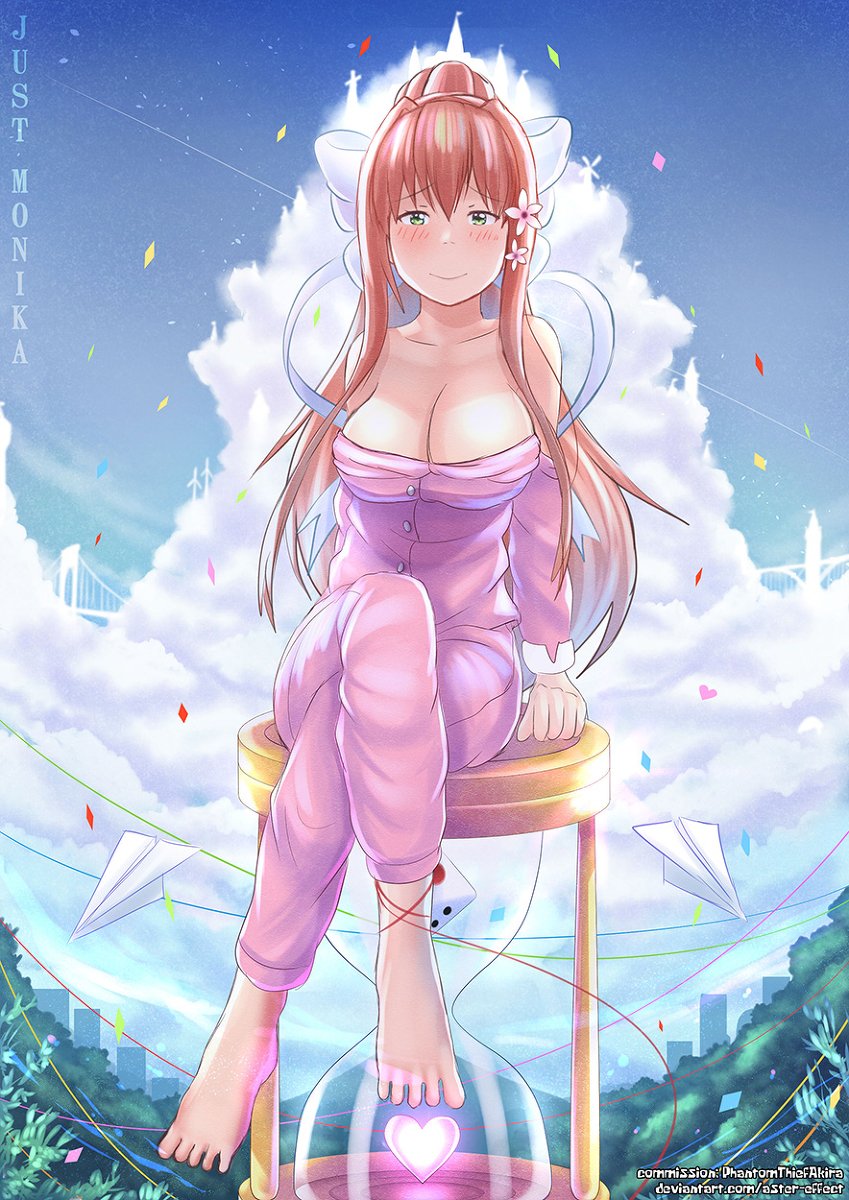 aster-effect, brown hair, doki doki literature club, female, green eyes, monika (doki doki literature club), smiling