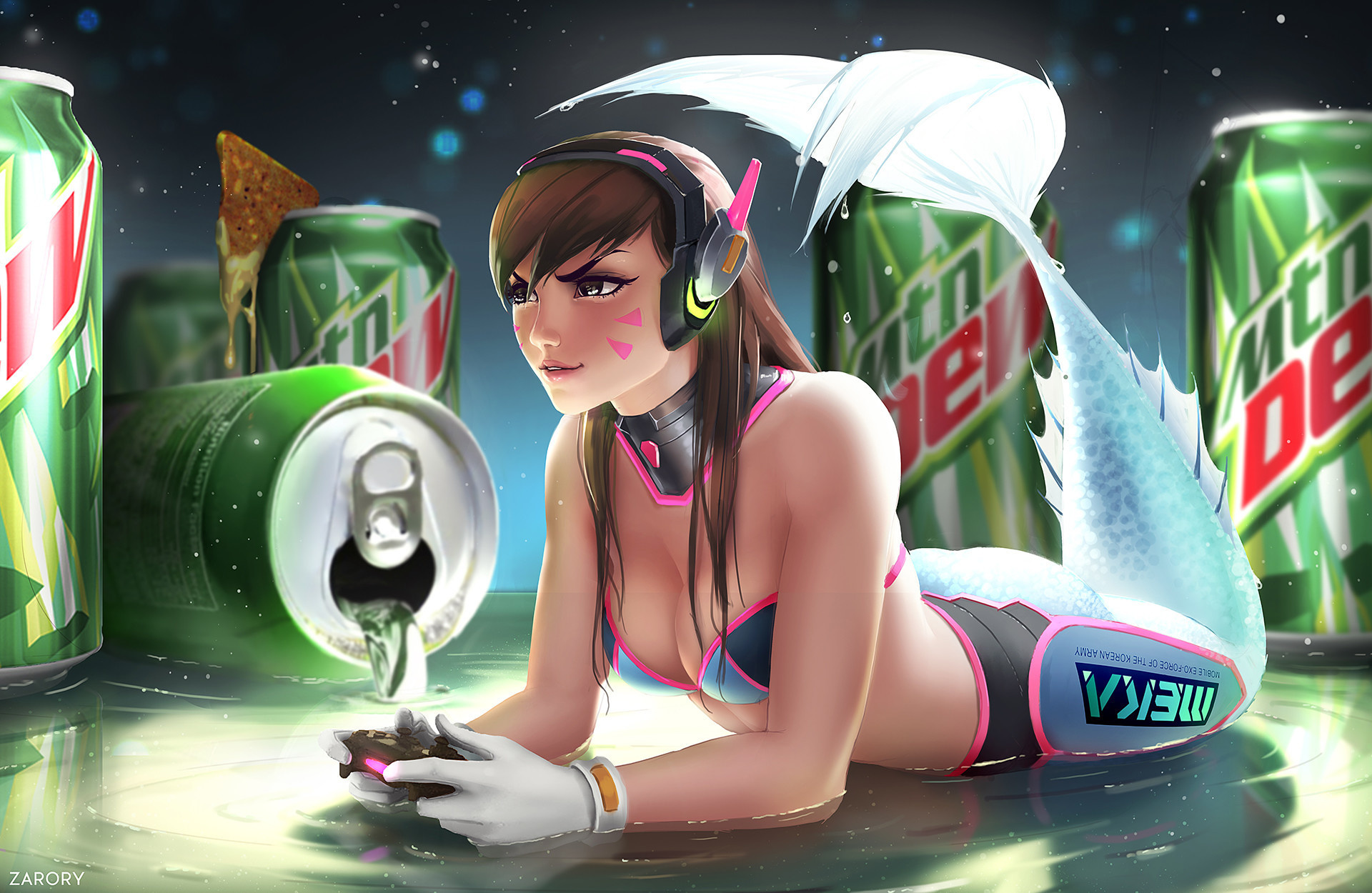blue tail, bra, breasts, brown hair, d.va, female, game, gamer, gamer girl, gloves, green background, headphones, merfolk, mermaid, mermaid tail, mountain dew, overwatch, video game, video games, white gloves, zarory