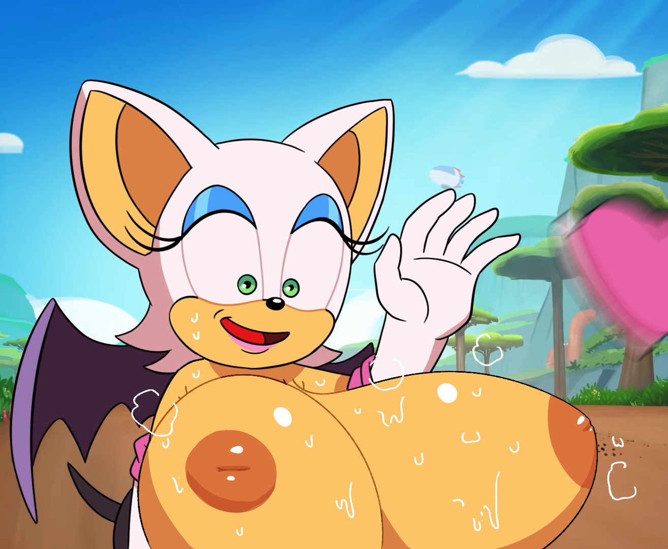 anthro areolae bat big_breasts breast_expansion breasts casual_nudity cleavage clothing color edit female female_only furry green_eyes hyper_breasts inverted_nipples large_breasts lilmoonie mammal nipples nude_edit public_nudity rouge_the_bat sega shocked solo sonic_(series) surprised sweat team_sonic_racing team_sonic_racing_overdrive video_games white_fur white_hair