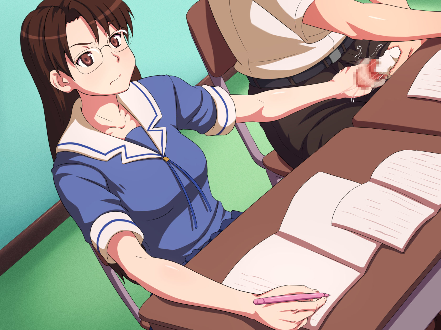 azumanga daiou, censored, classroom, clothing, cum, female, glasses, handjob, highres, koyomi mizuhara, maku (l-u), sneaky, sneaky sex, tagme