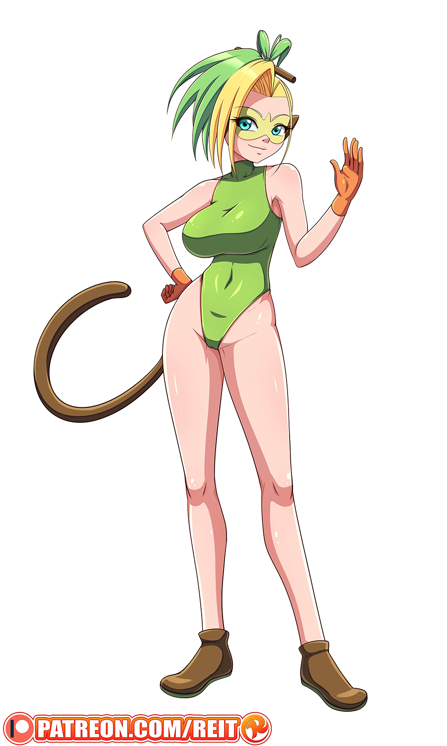 1girls big_breasts blonde_hair cameltoe cosplay female female_only gloves green_eyes green_hair grookey grookey_(cosplay) humanized leotard looking_at_viewer nintendo original_character patreon pokemon pokemon_(cosplay) pokemon_ss reit roxy_(reit) solo solo_female standing tail text url watermark white_background