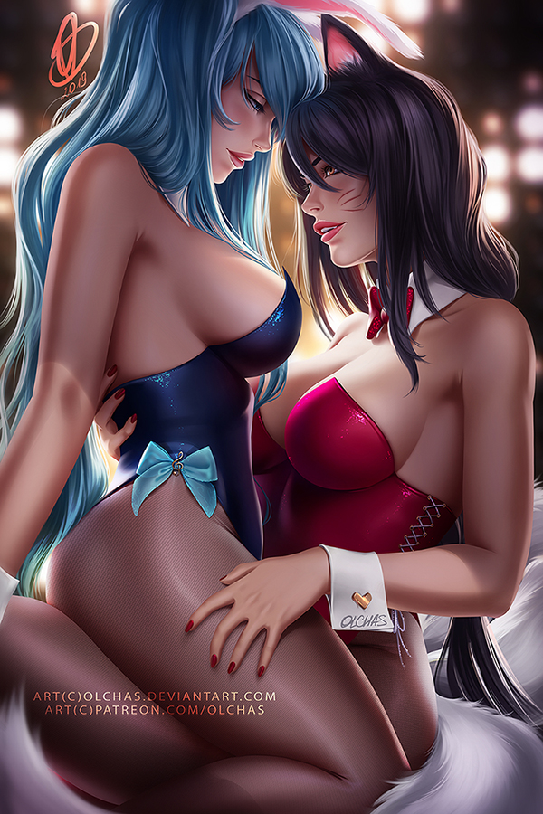 2girls, ahri, breasts, bunny ears, bunny girl, bunnysuit, cleavage, female, female only, large breasts, league of legends, lesbian, olchas, pantyhose, sona buvelle, yuri
