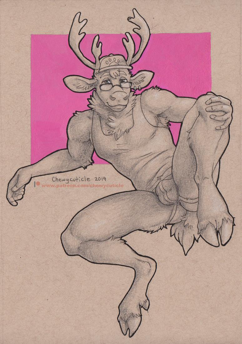 2019 5_fingers anthro antlers armpit_hair ass blitzthedurr bulge cervid cervine chewycuticle clothing cloven_hooves ear_piercing ear_ring eyewear furry glasses hooves horn jockstrap limited_palette looking_at_viewer male_only mammal moose moose_ears near_monochrome partially_colored patreon piercing shirt soft_color solo tank_top topwear underwear