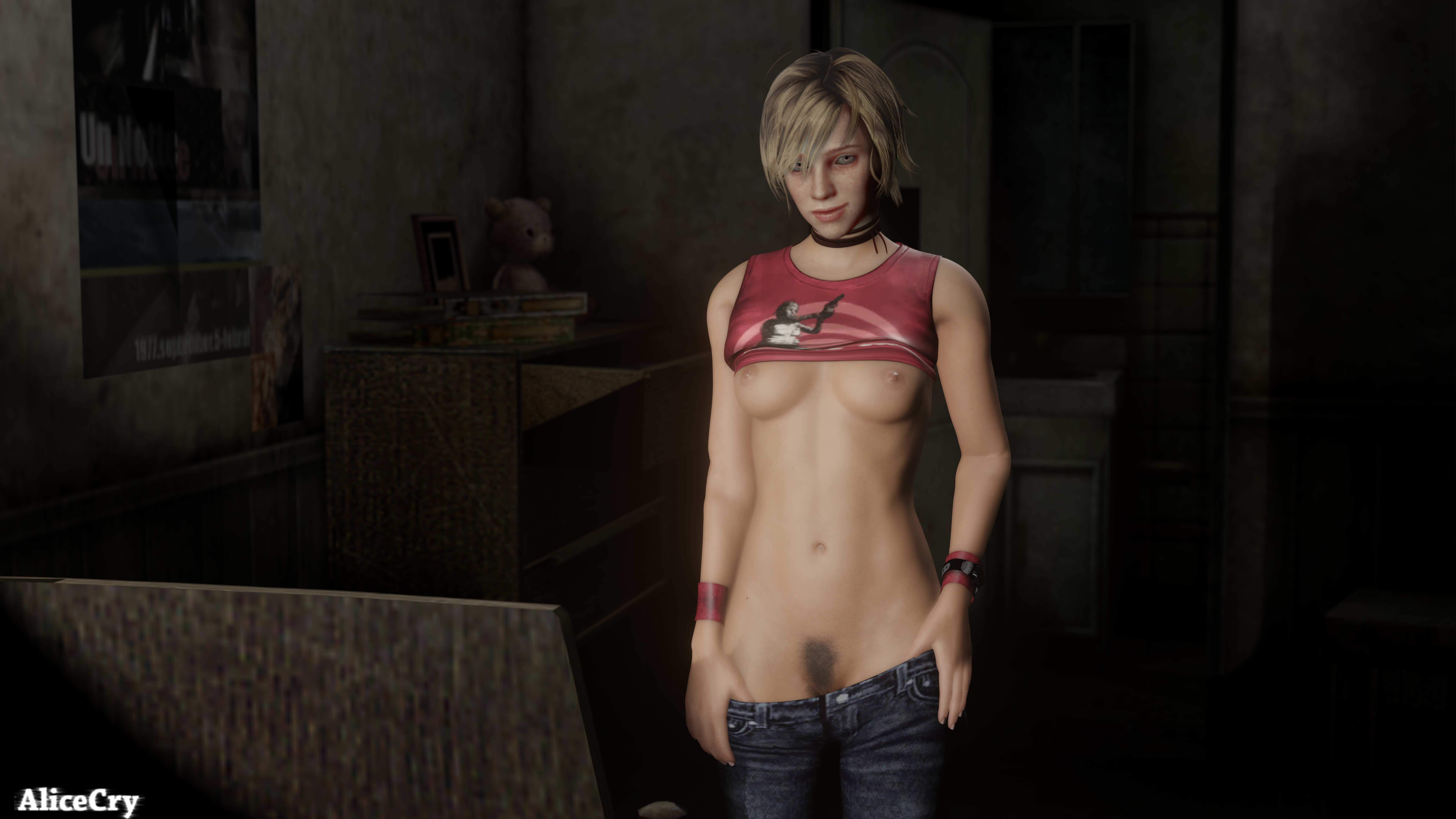 1girls, 3d, alicecry, areolae, blonde hair, breasts, casual, clothing, electronics, female, female only, female pubic hair, hairy pussy, heather mason, neckwear, nipples, pants down, pubic hair, pussy, shirt lift, silent hill, silent hill 3, solo, watch, wristwatch, wristwear