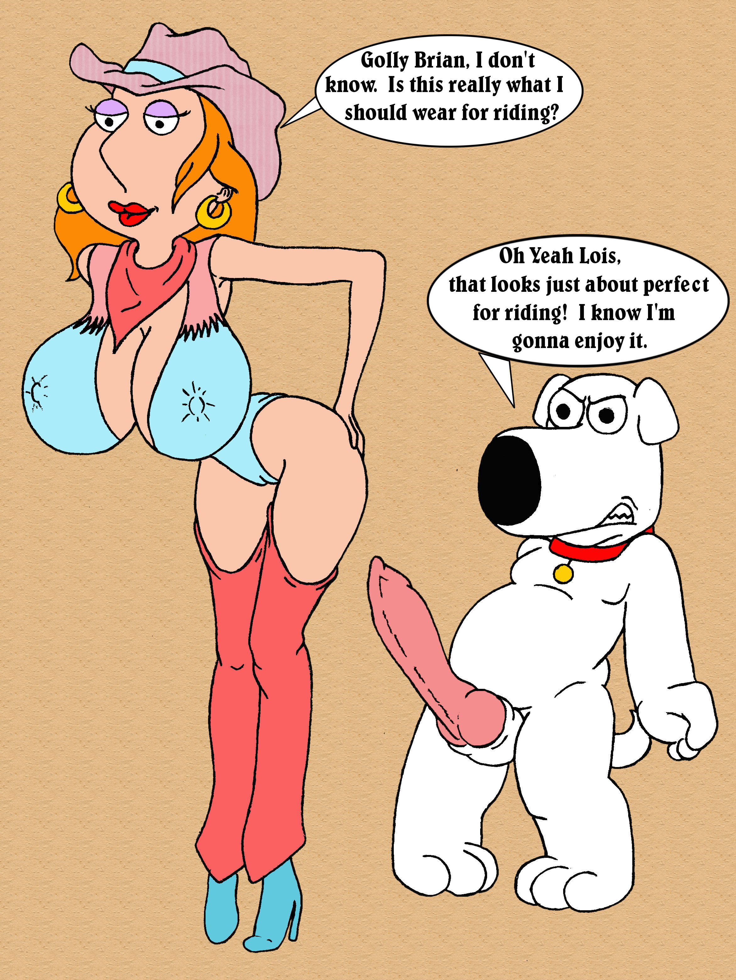 !, ?, 1boy, 1girls, absurdres, alternate breast size, animal genitalia, animal penis, anthro, ass, before sex, bent over, big lips, black eyes, black nose, breasts, brian griffin, cameltoe, canine, canine penis, chaps, cleavage, clenched teeth, clothed, clothed female nude male, collar, cowboy hat, cowgirl, dialogue, dog, duo, english text, erection, eyelashes, eyeshadow, family guy, female, footwear, front view, frown, full body, furry, hand on ass, hat, high heels, highres, horny, huge breasts, human, imminent penetration, imminent rape, imminent sex, lipstick, lois griffin, long hair, looking at another, looking at ass, makeup, male, mammal, neckerchief, nipple bulge, nude, orange hair, penis, pussy, red lipstick, sbb, simple background, small but hung, speech bubble, straight, tail, text, white fur