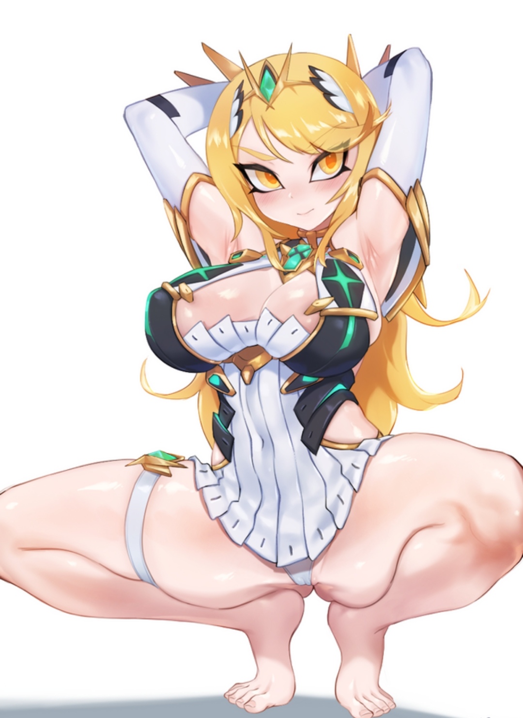 1girls, armpit crease, armpits, arms behind back, arms up, big breasts, blonde hair, breasts, cameltoe, dress, feet, female, female only, jtveemo, large breasts, long hair, mythra (xenoblade), nintendo, pussy, solo, spread legs, squatting, text, thick thighs, watermark, wide hips, xenoblade (series), xenoblade chronicles 2, yellow eyes