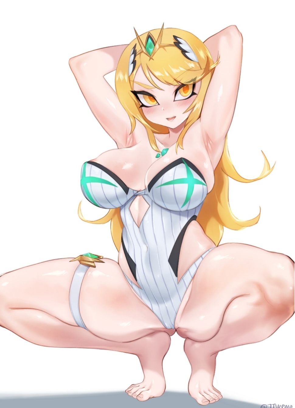 1girls, armpits, arms up, big breasts, blonde hair, breasts, cameltoe, cleavage, feet, female, female only, hands behind head, jtveemo, large breasts, long hair, mythra (xenoblade), nintendo, pussy, sideboob, solo, spread legs, squatting, swimsuit, text, thick thighs, toes, watermark, wide hips, xenoblade (series), xenoblade chronicles 2, yellow eyes